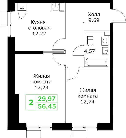 2 комн. квартира, 56.5 м², 20 этаж 