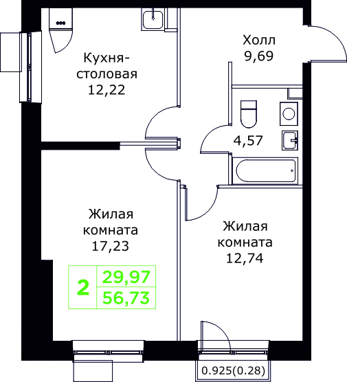 2 комн. квартира, 56.7 м², 19 этаж 