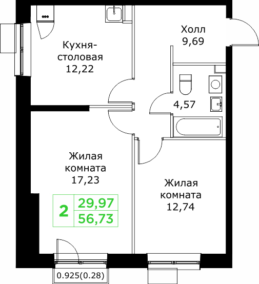 2 комн. квартира, 56.7 м², 21 этаж 