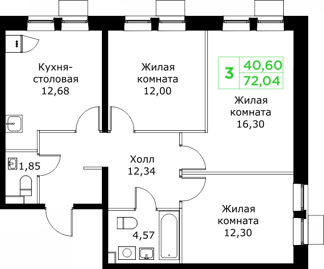 3 комн. квартира, 72 м², 21 этаж 