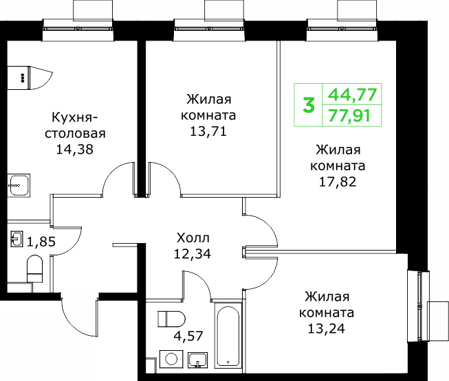 3 комн. квартира, 77.9 м², 13 этаж 