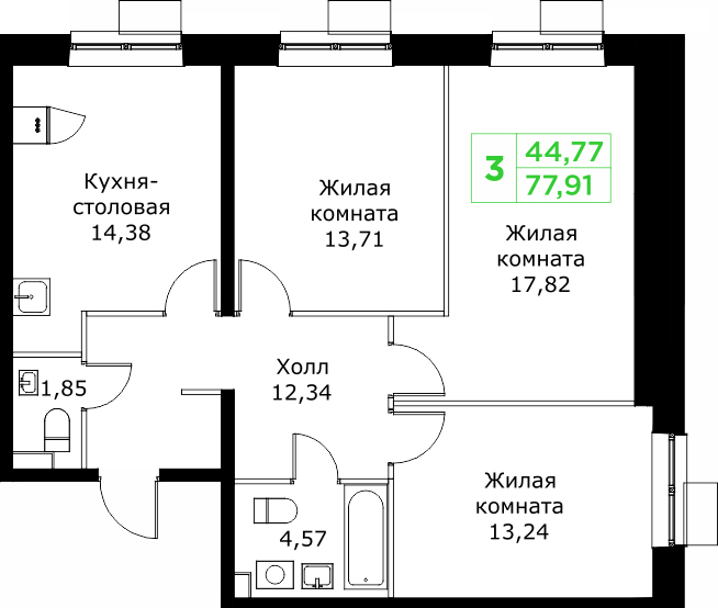 3 комн. квартира, 77.9 м², 16 этаж 