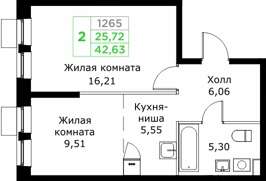 2 комн. квартира, 42.6 м², 24 этаж 