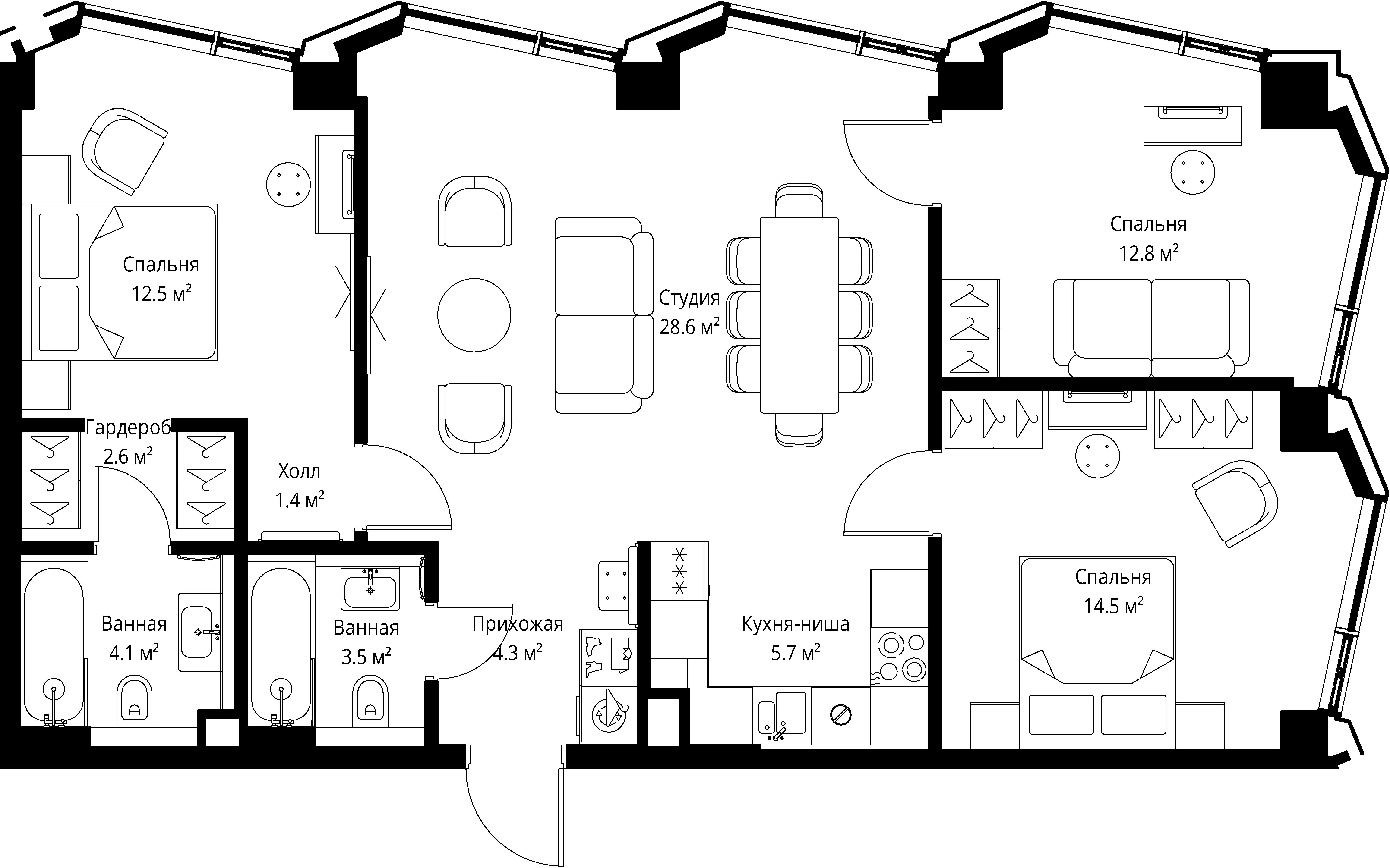 3 комн. квартира, 90 м², 34 этаж 