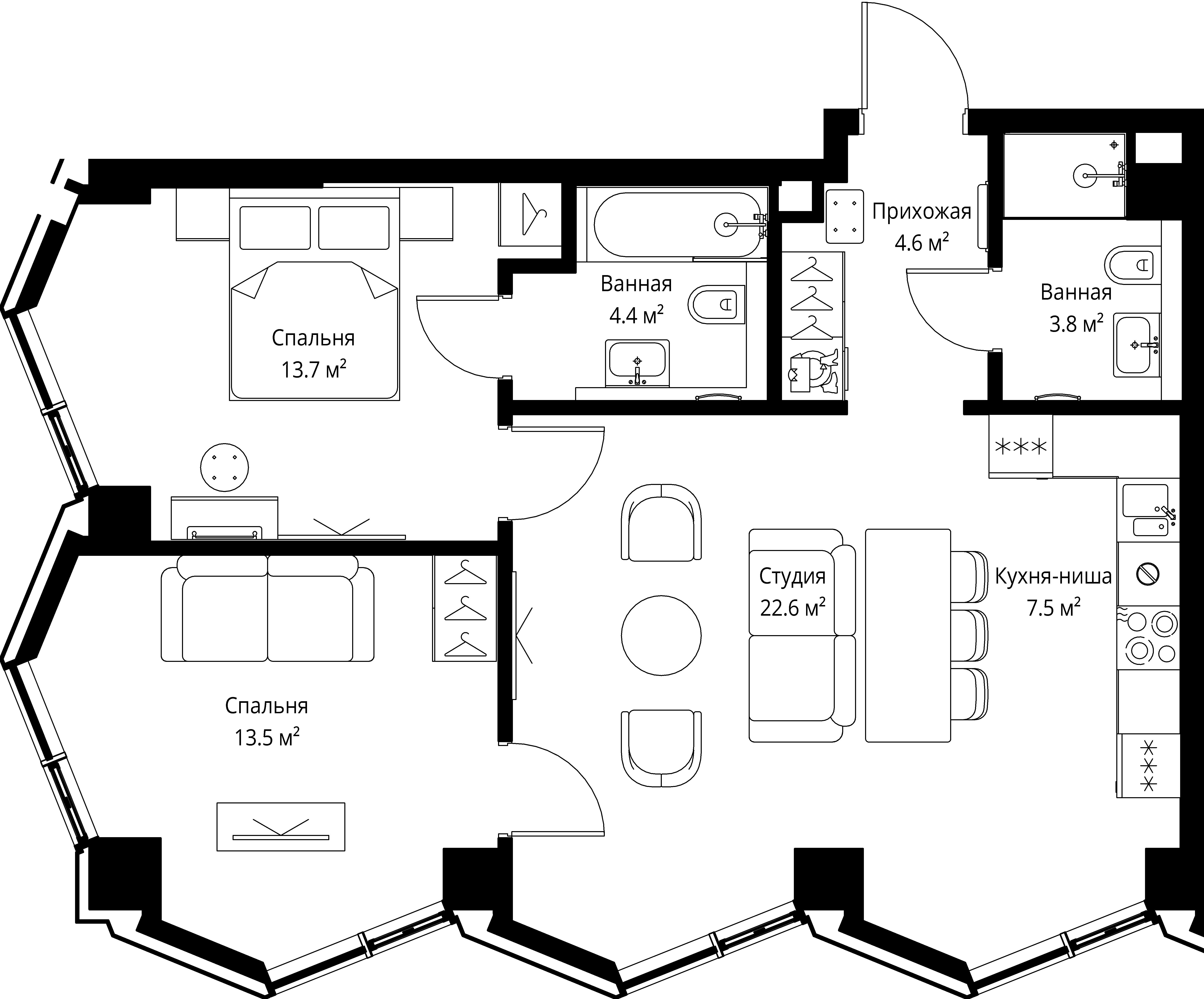 2 комн. квартира, 70.1 м², 15 этаж 