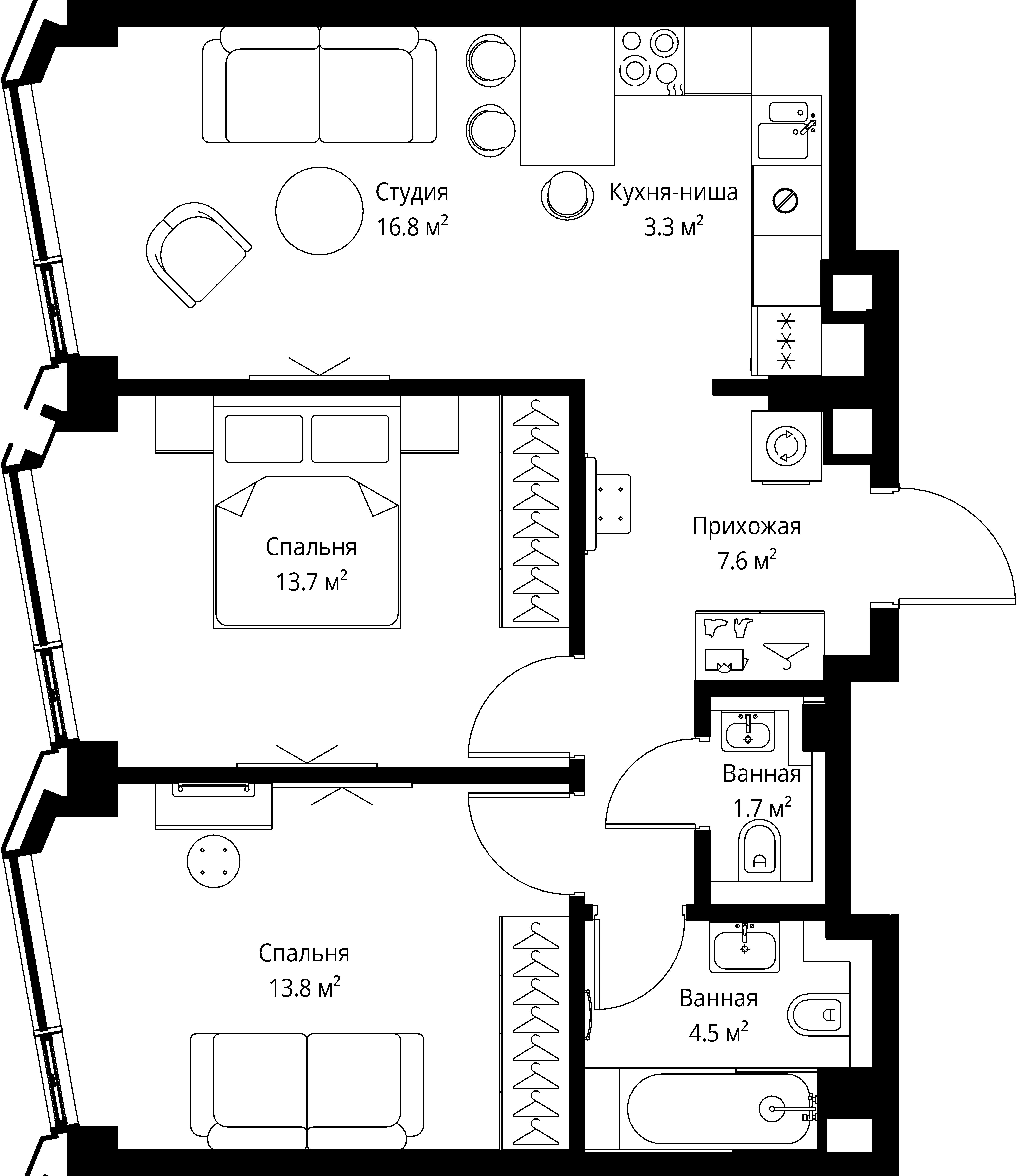 2 комн. квартира, 61.4 м², 46 этаж 