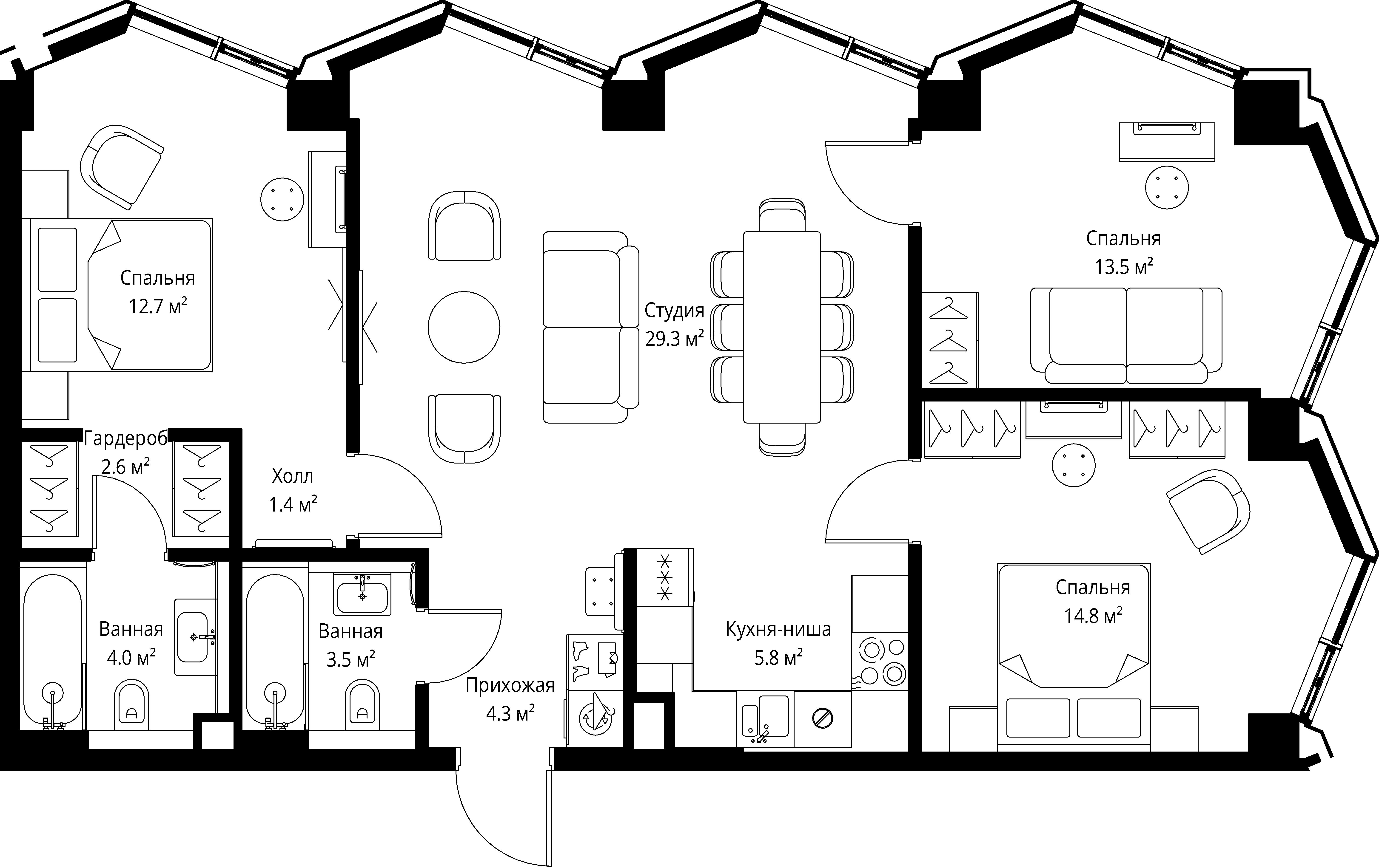3 комн. квартира, 91.9 м², 28 этаж 