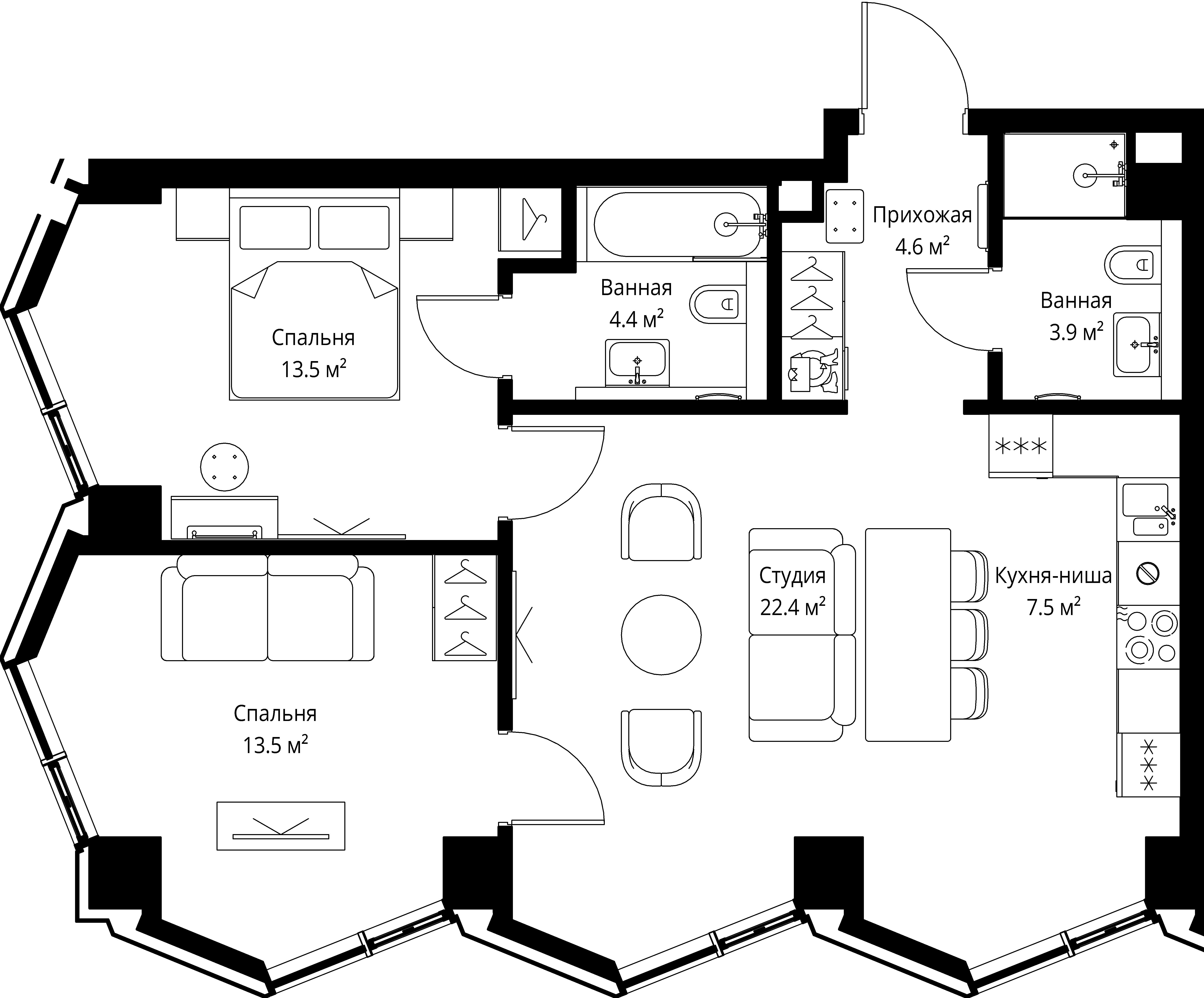 2 комн. квартира, 69.8 м², 8 этаж 