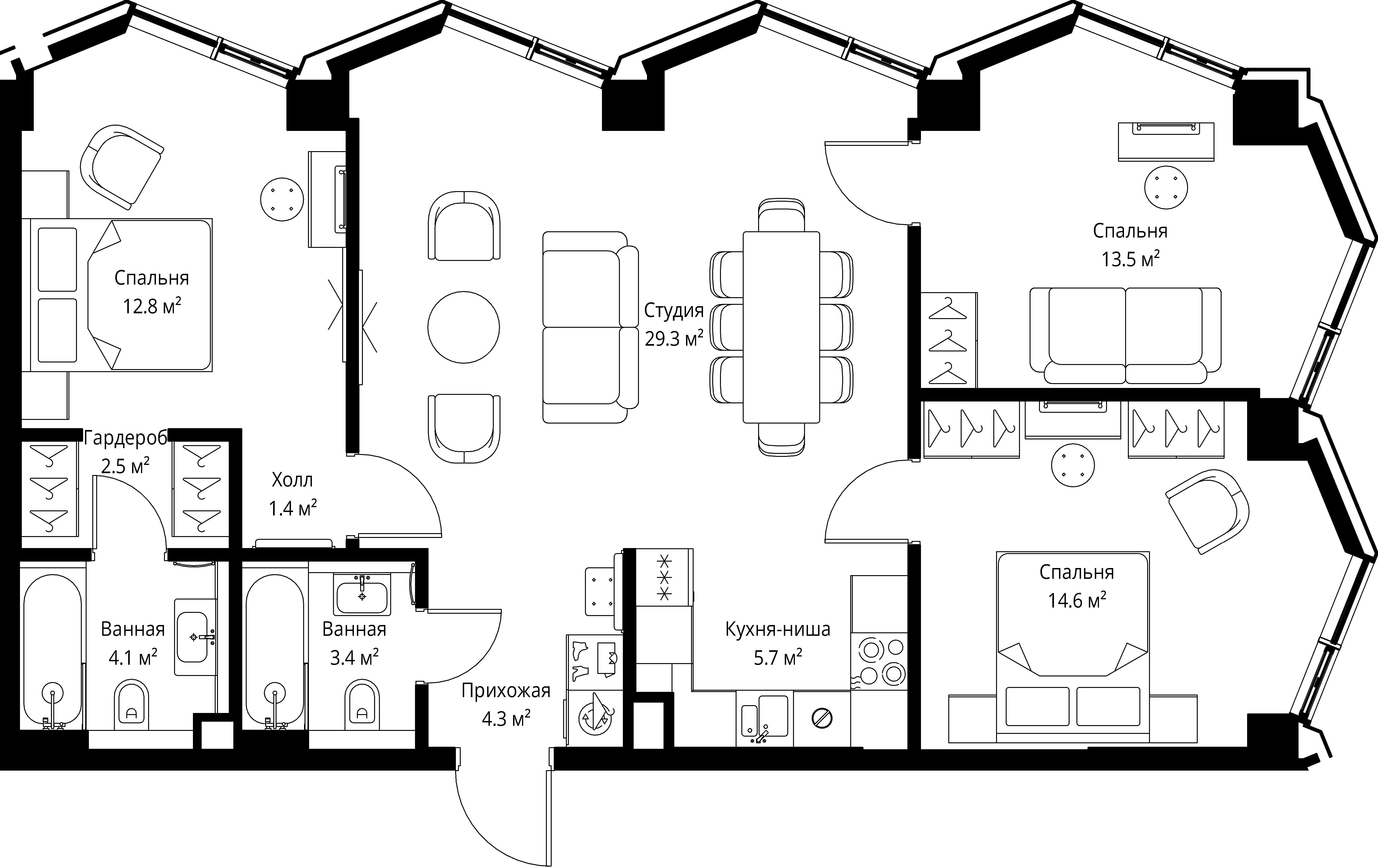 3 комн. квартира, 91.6 м², 24 этаж 