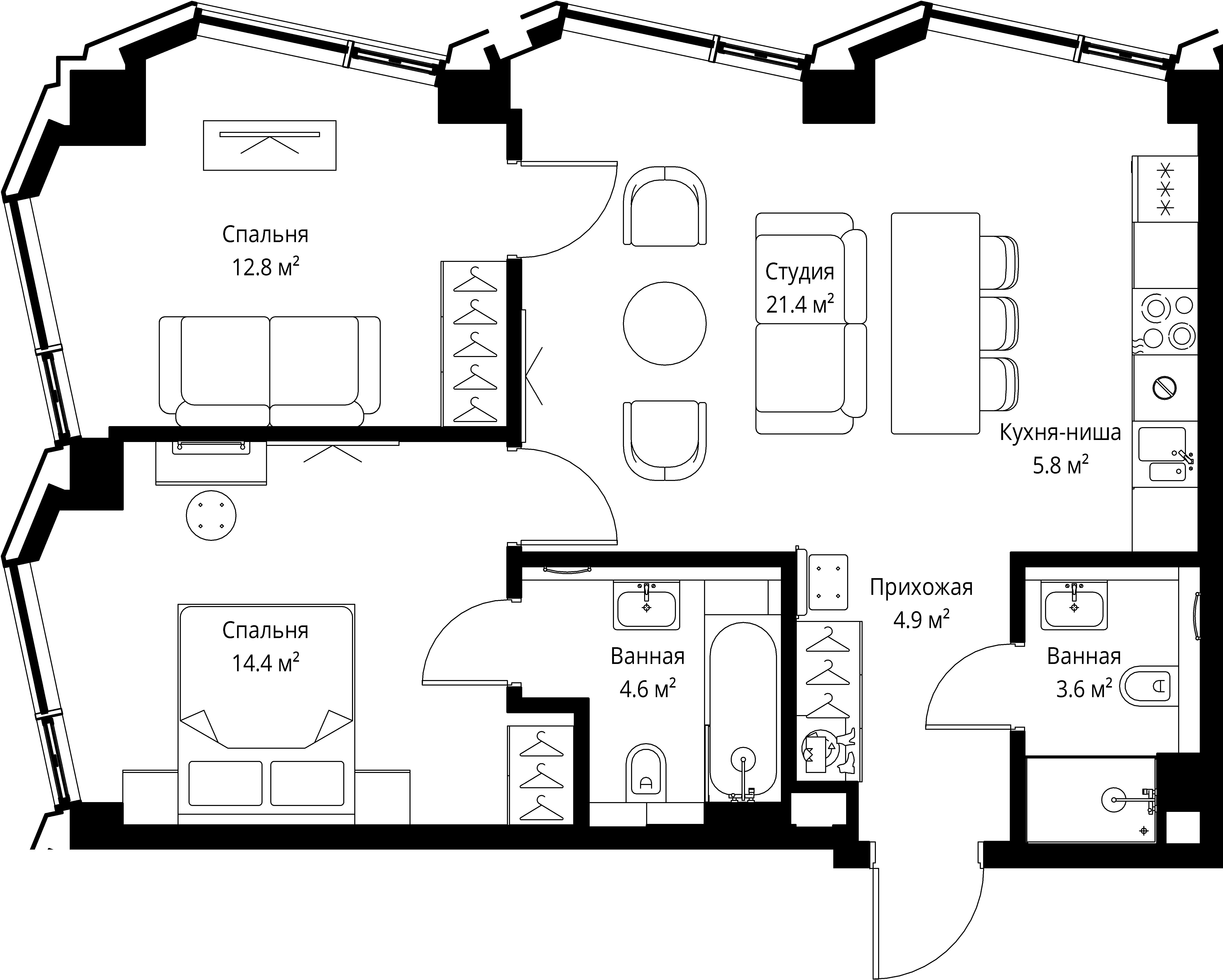 2 комн. квартира, 67.5 м², 33 этаж 