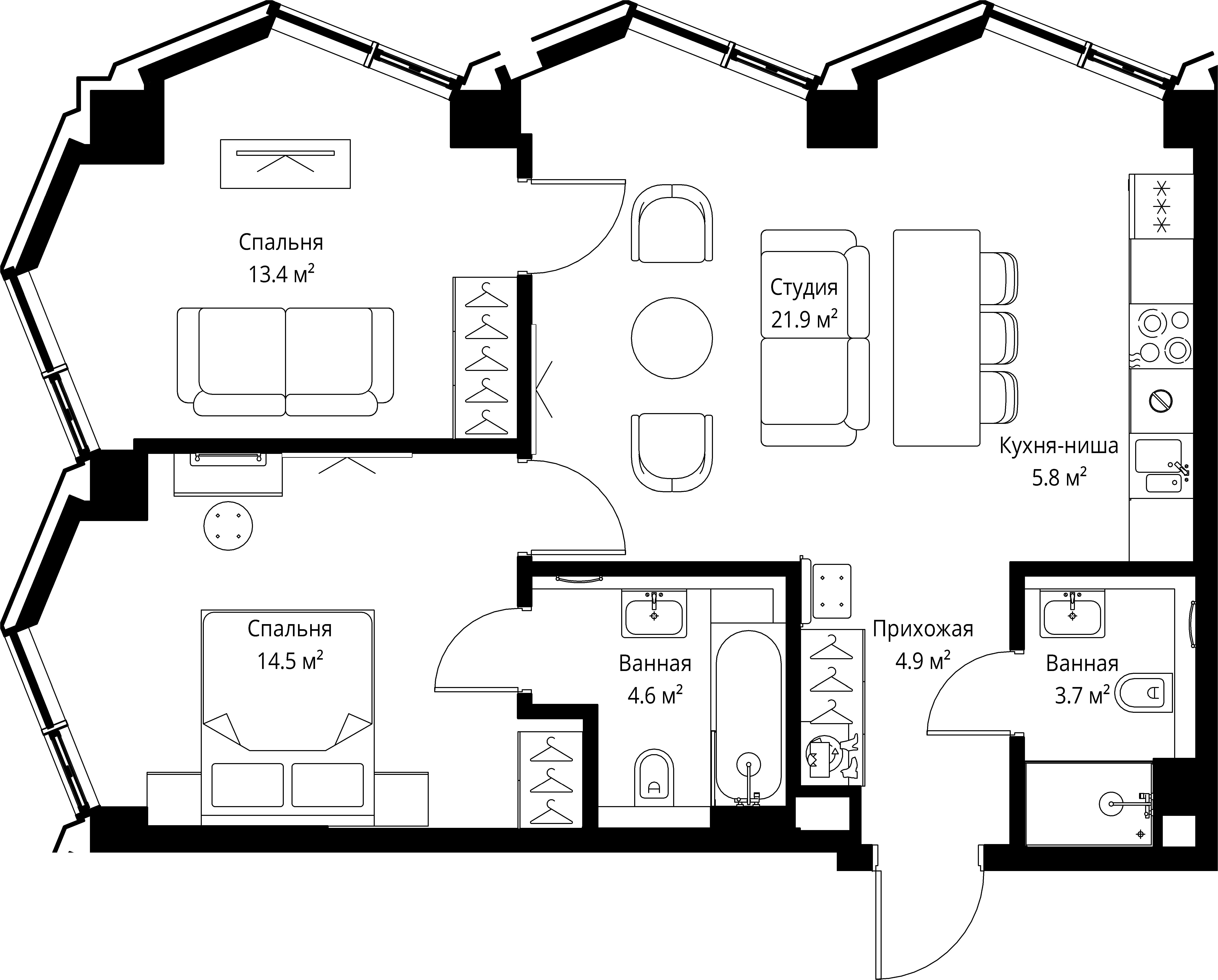 2 комн. квартира, 68.8 м², 23 этаж 