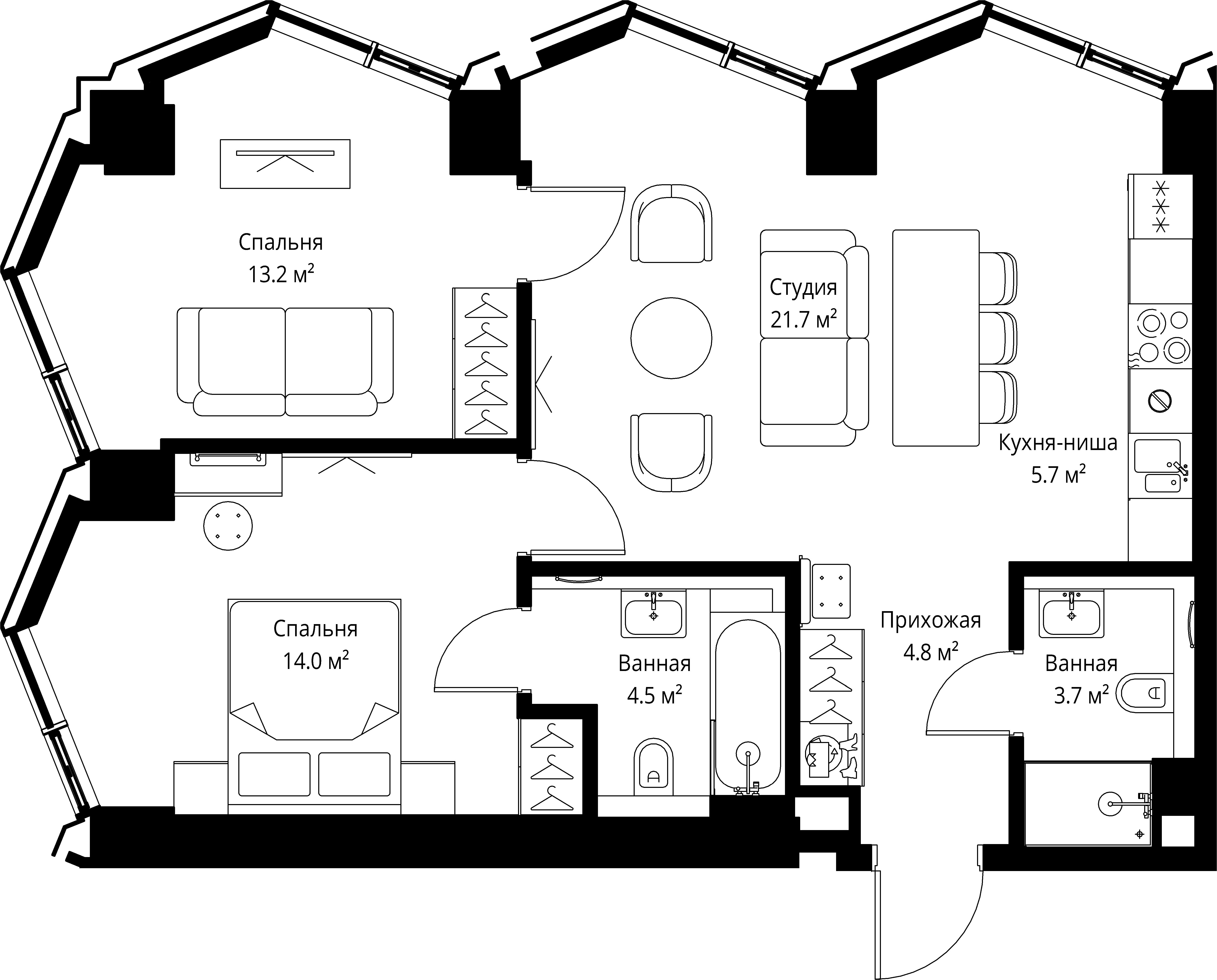 2 комн. квартира, 67.6 м², 4 этаж 