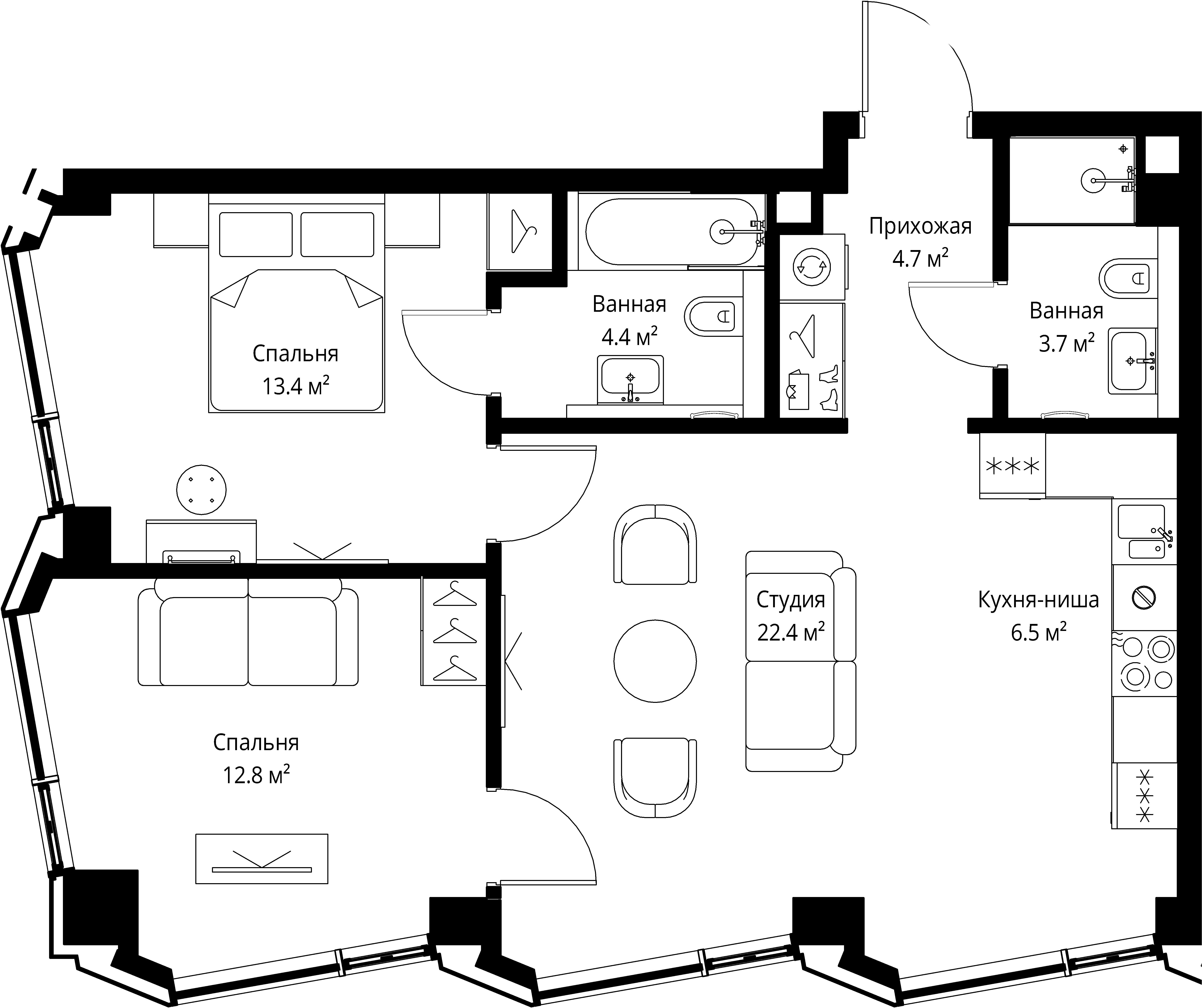 2 комн. квартира, 67.9 м², 46 этаж 