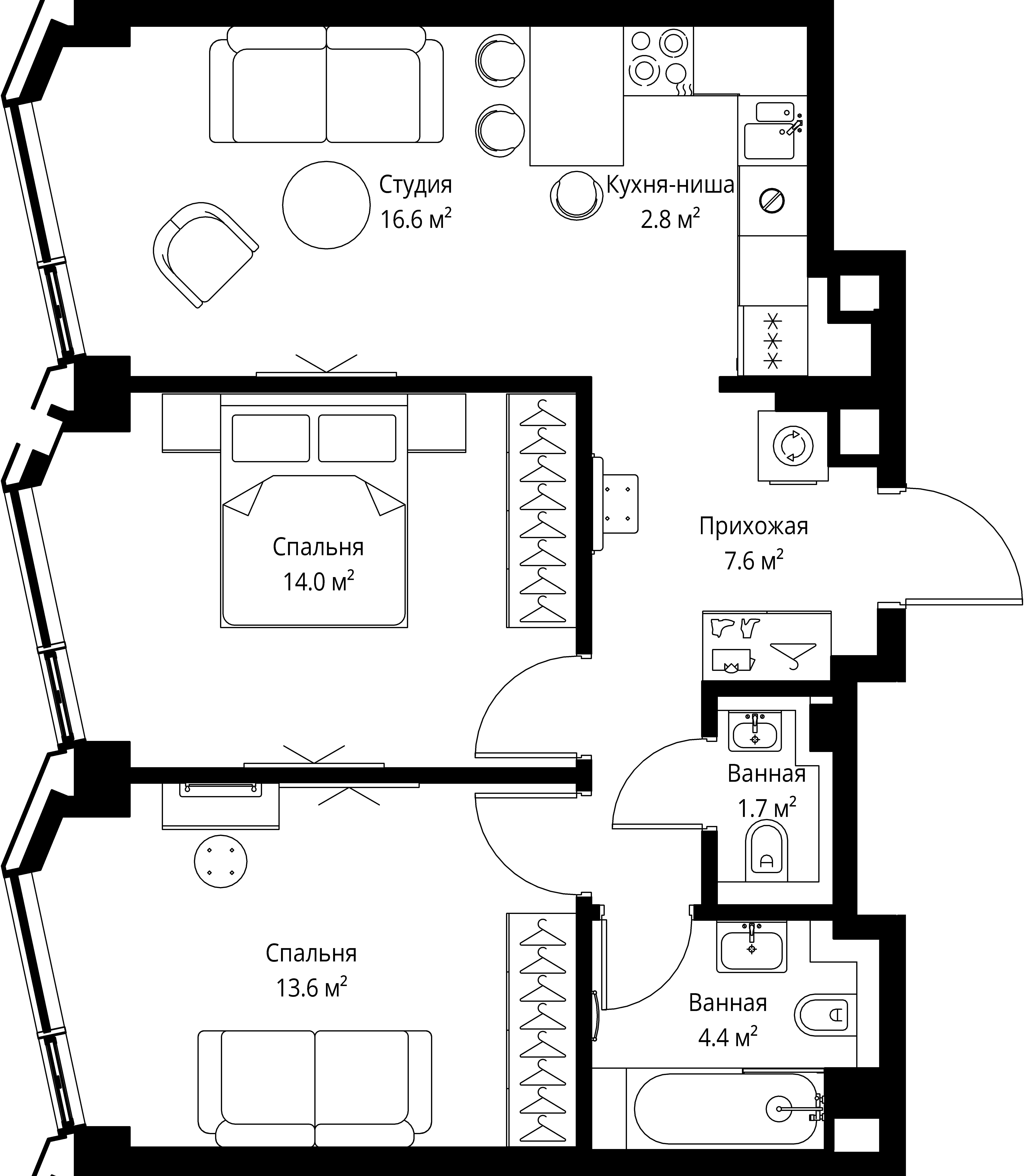 2 комн. квартира, 60.7 м², 38 этаж 