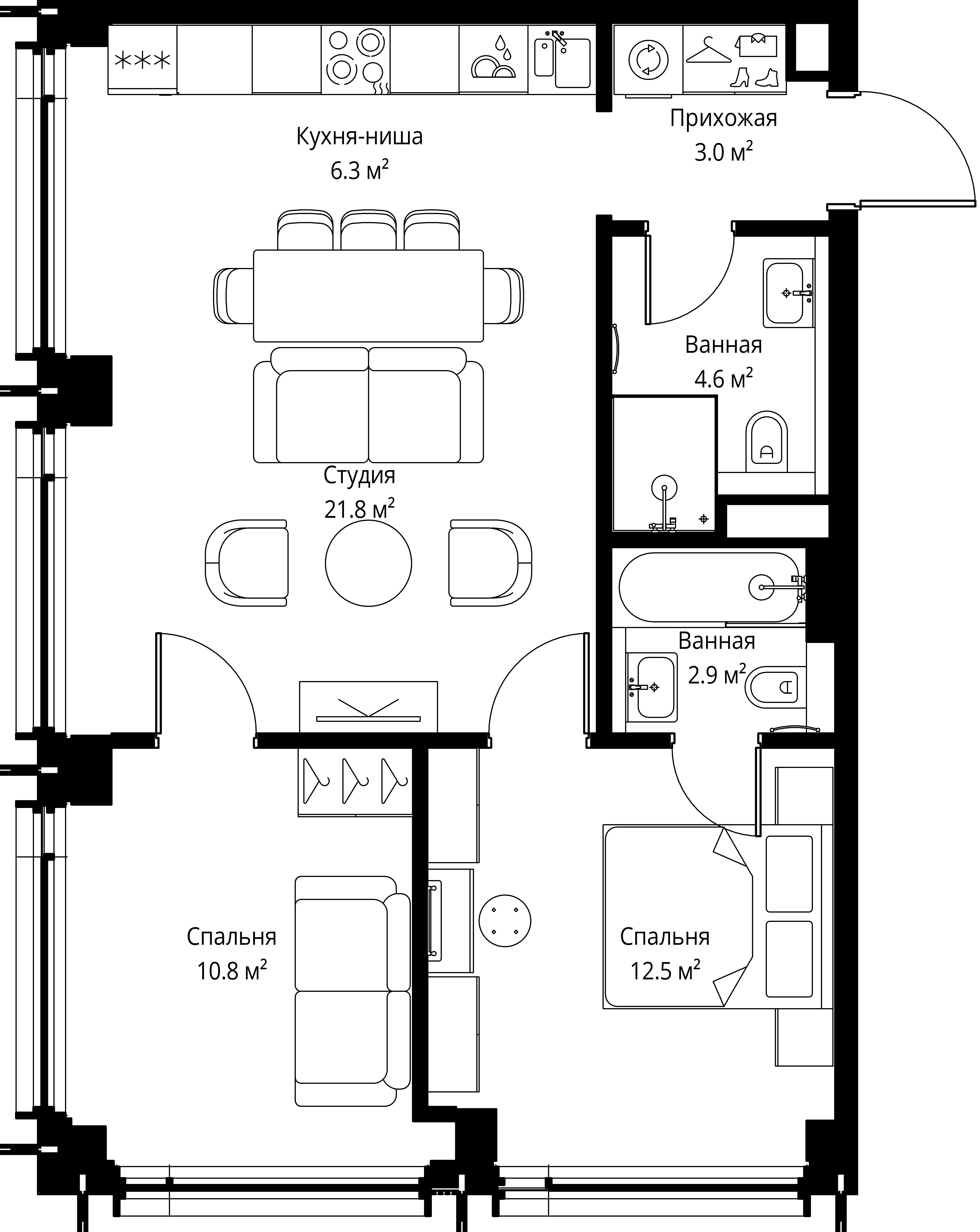 2 комн. квартира, 61.9 м², 34 этаж 