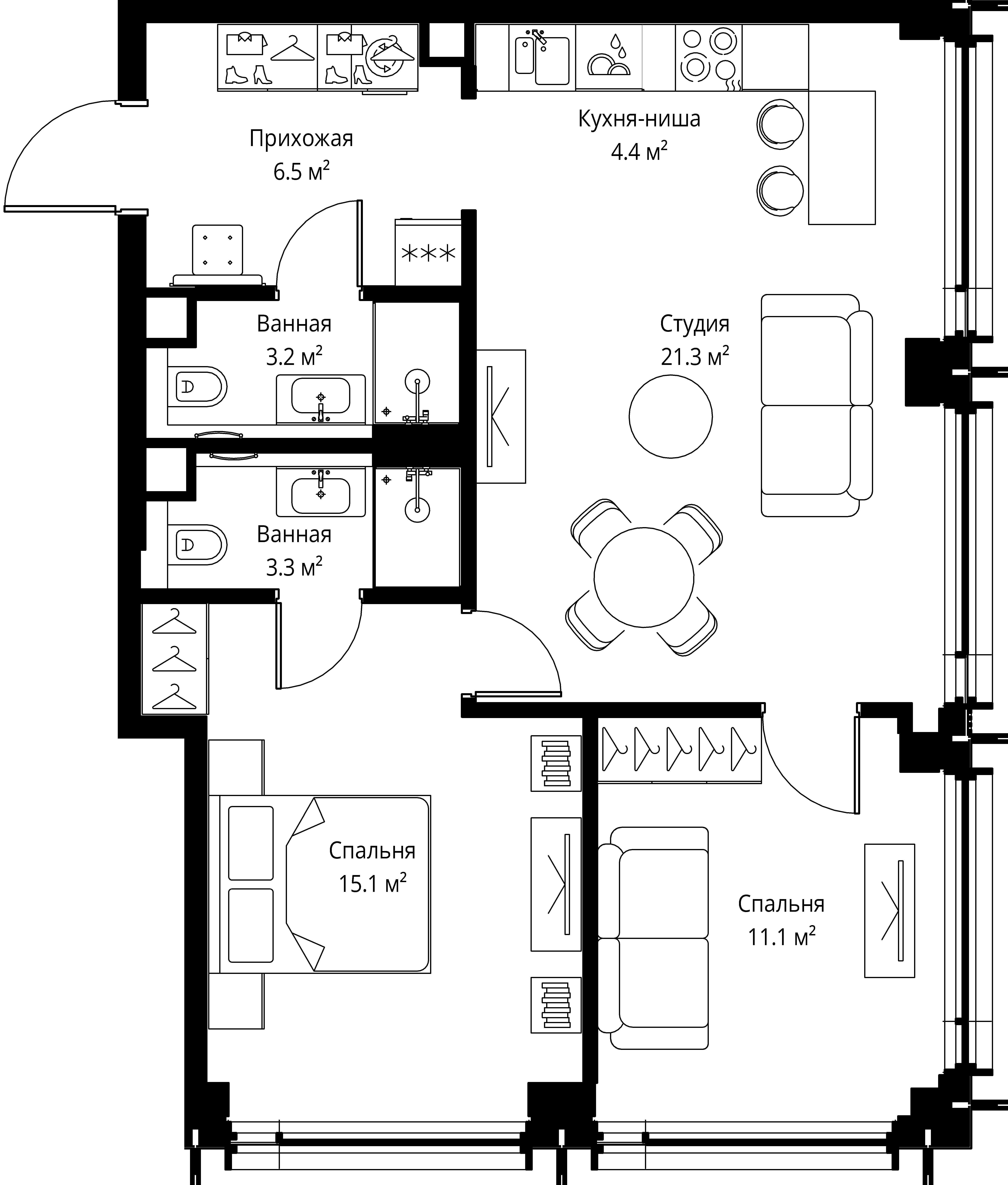 2 комн. квартира, 64.9 м², 39 этаж 