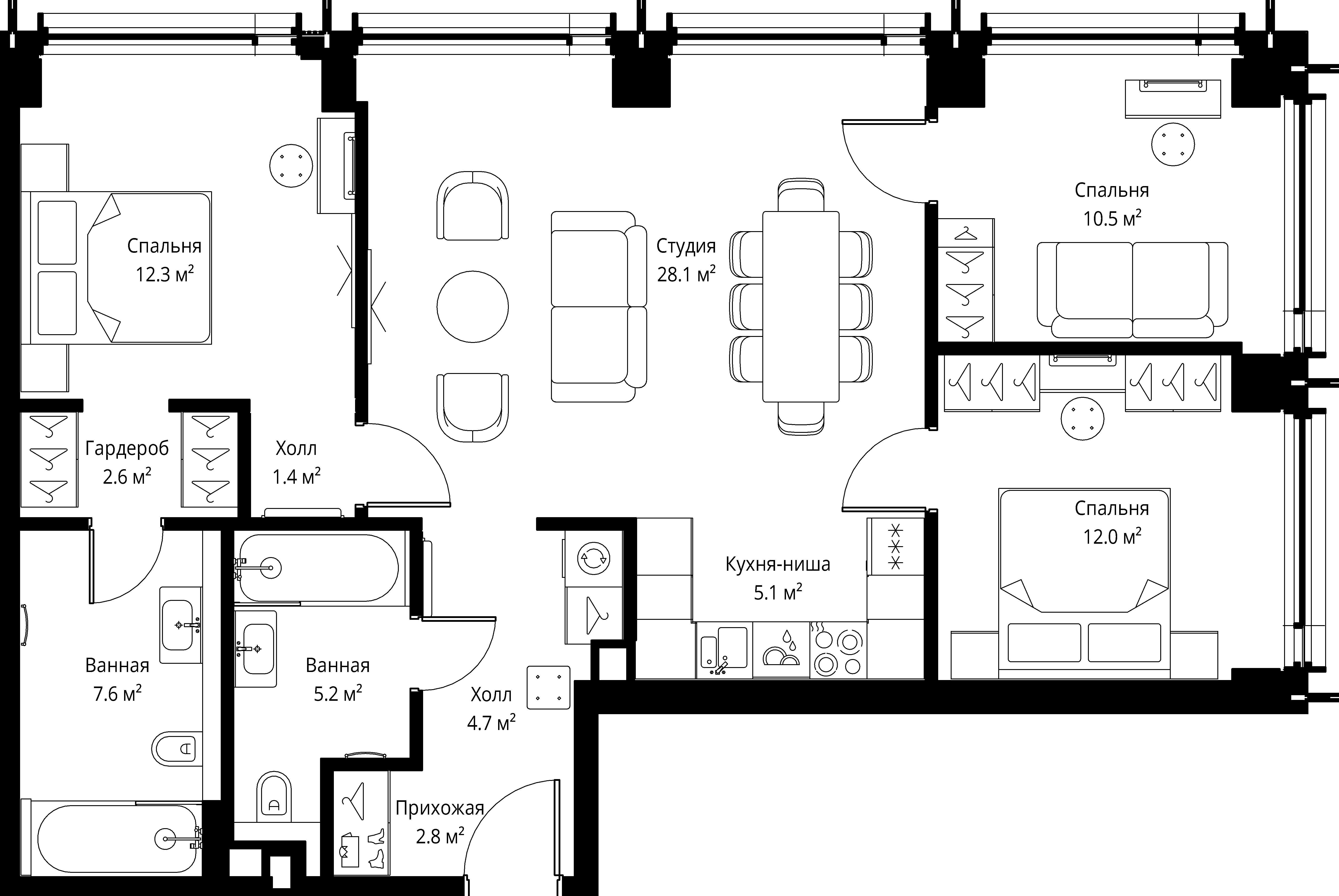 3 комн. квартира, 92.3 м², 6 этаж 