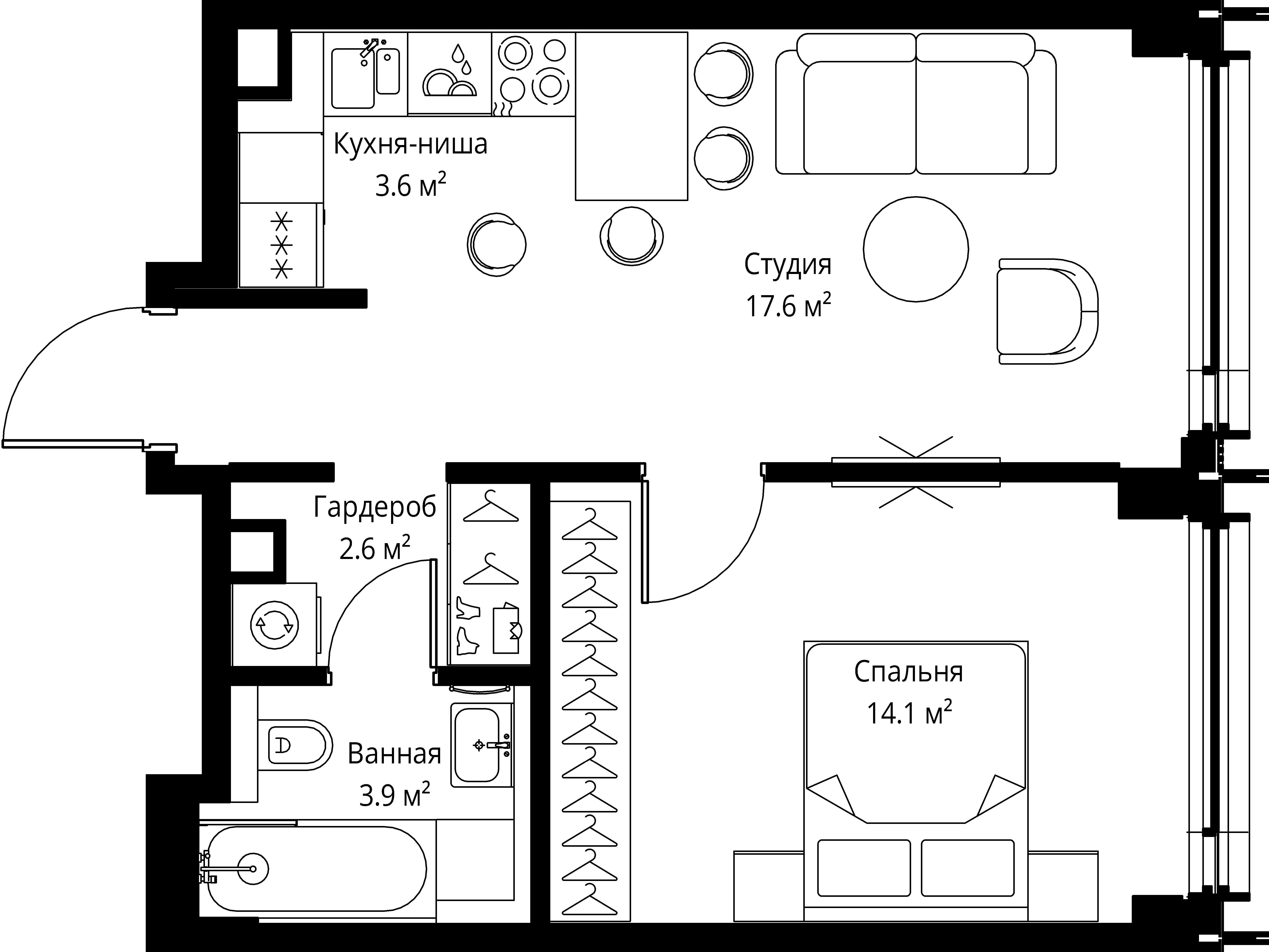 1 комн. квартира, 41.8 м², 33 этаж 