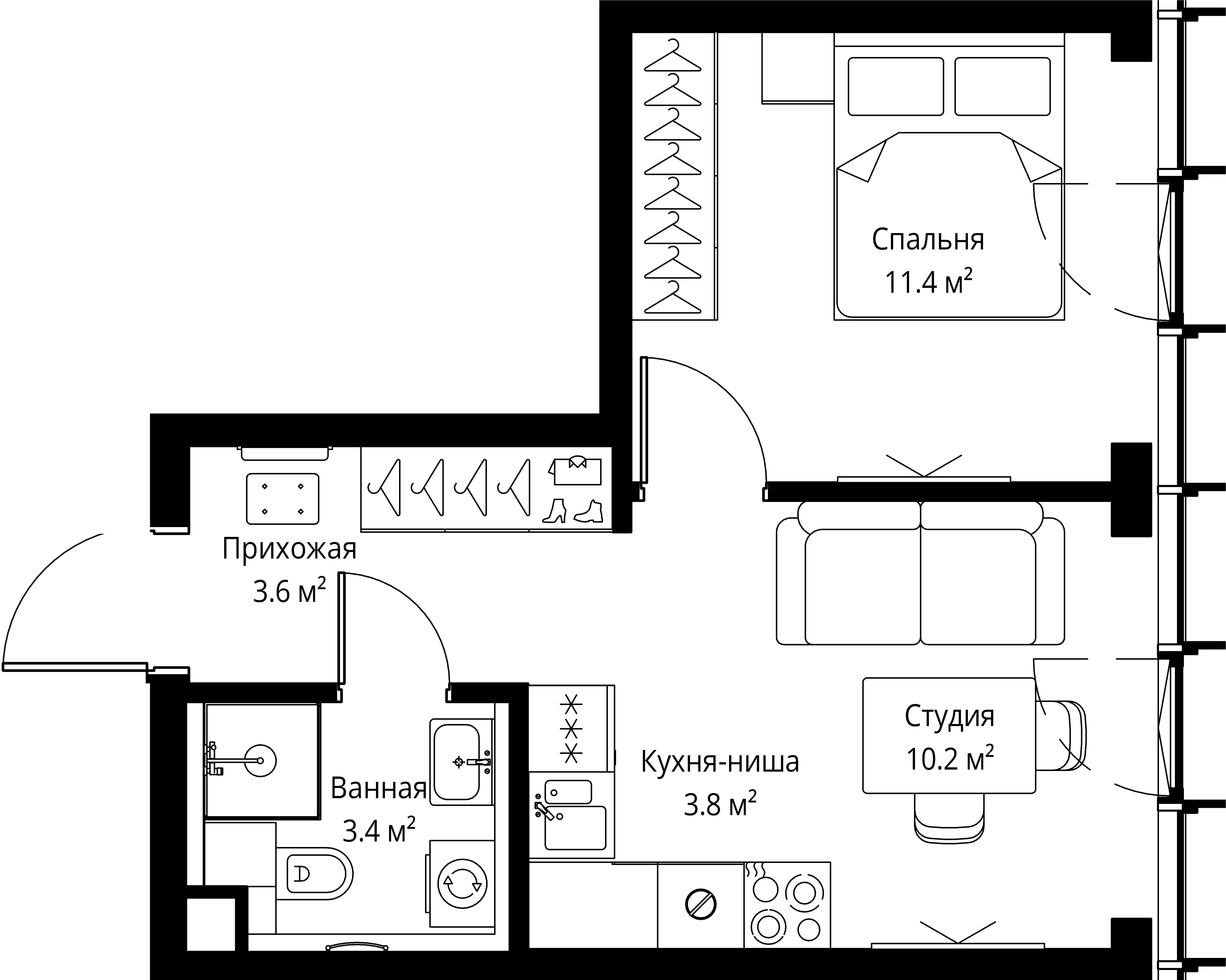 1 комн. квартира, 32.4 м², 30 этаж 