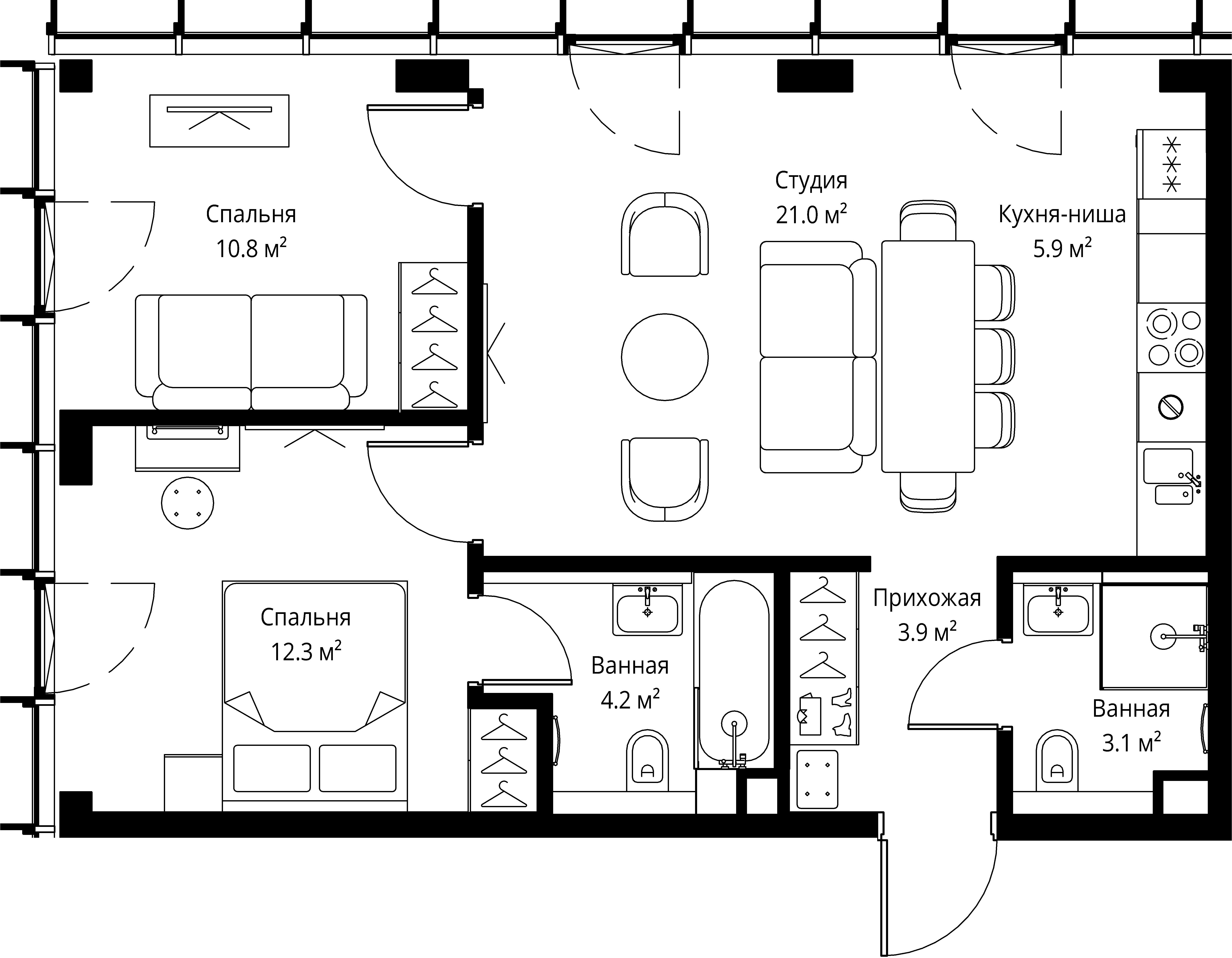 2 комн. квартира, 61.2 м², 30 этаж 