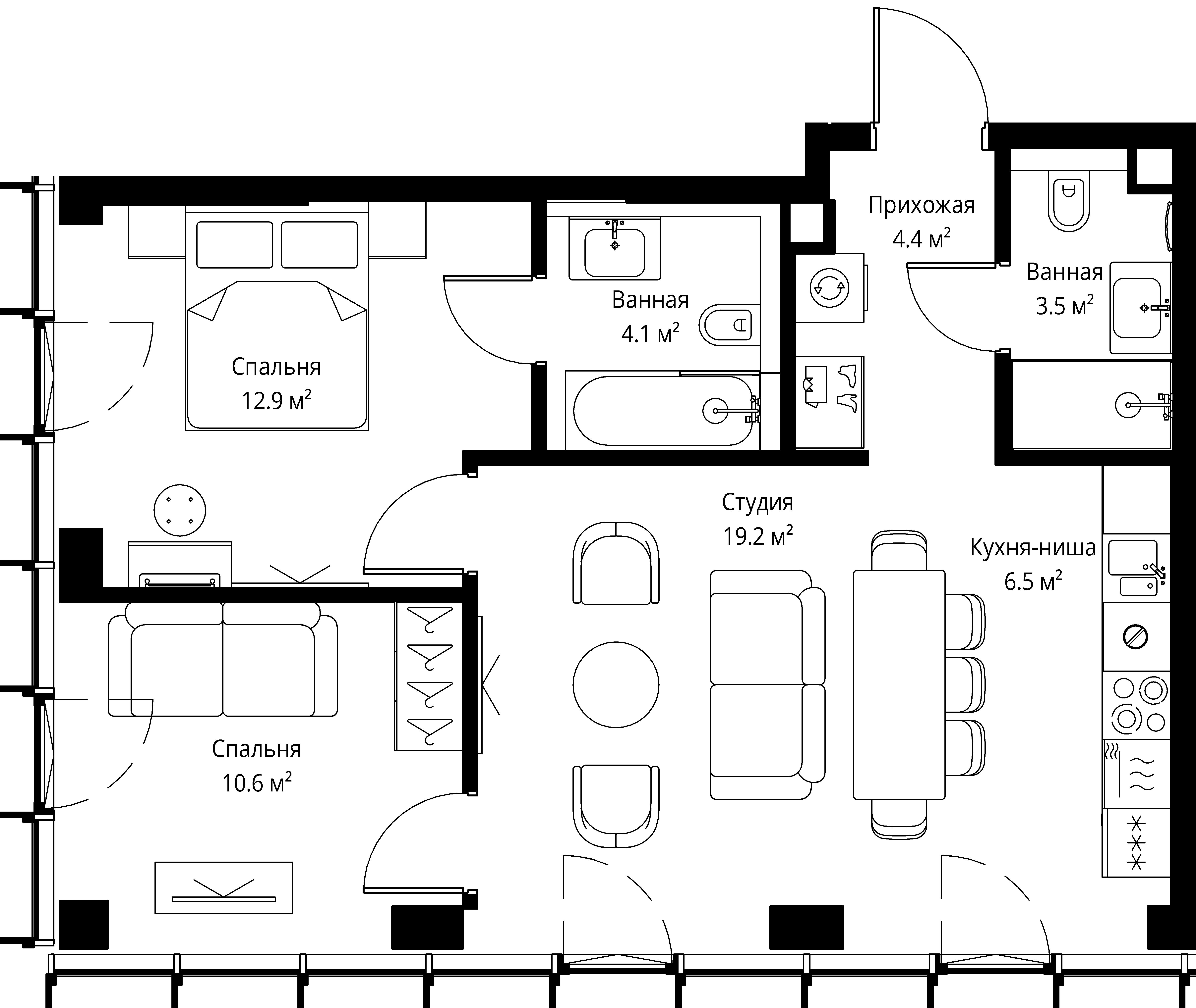 2 комн. квартира, 61.2 м², 6 этаж 