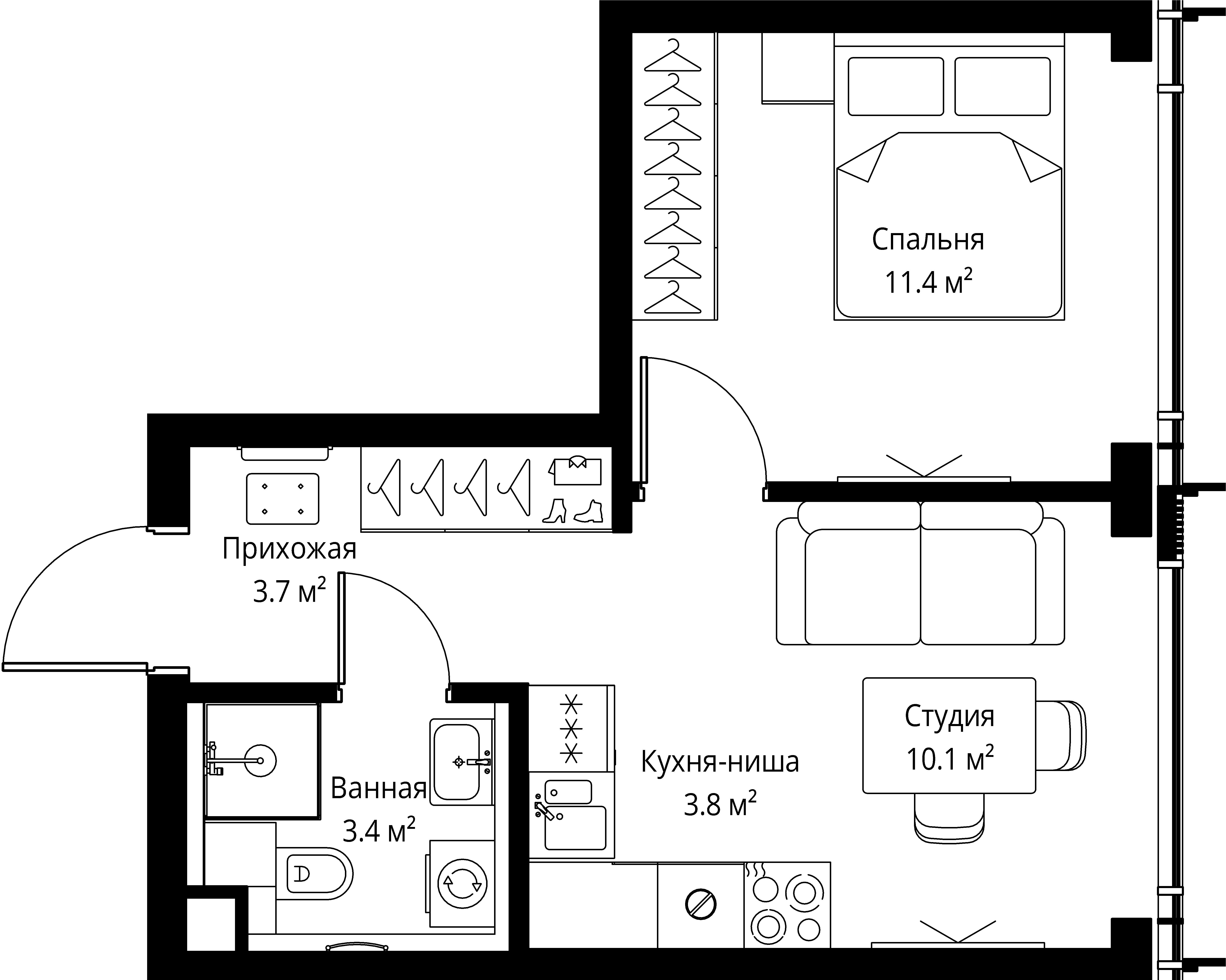 1 комн. квартира, 32.4 м², 32 этаж 