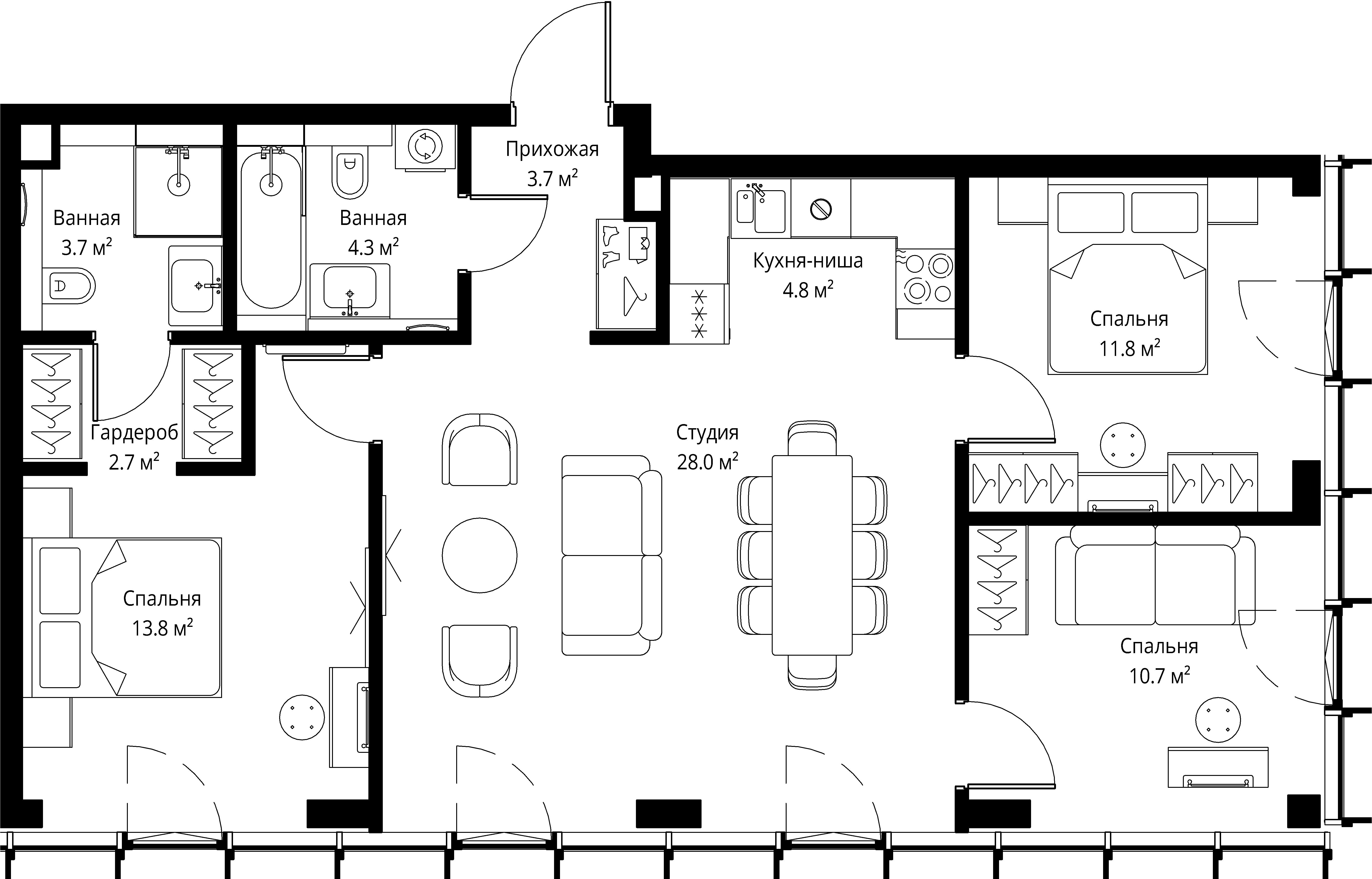 3 комн. квартира, 83.5 м², 26 этаж 