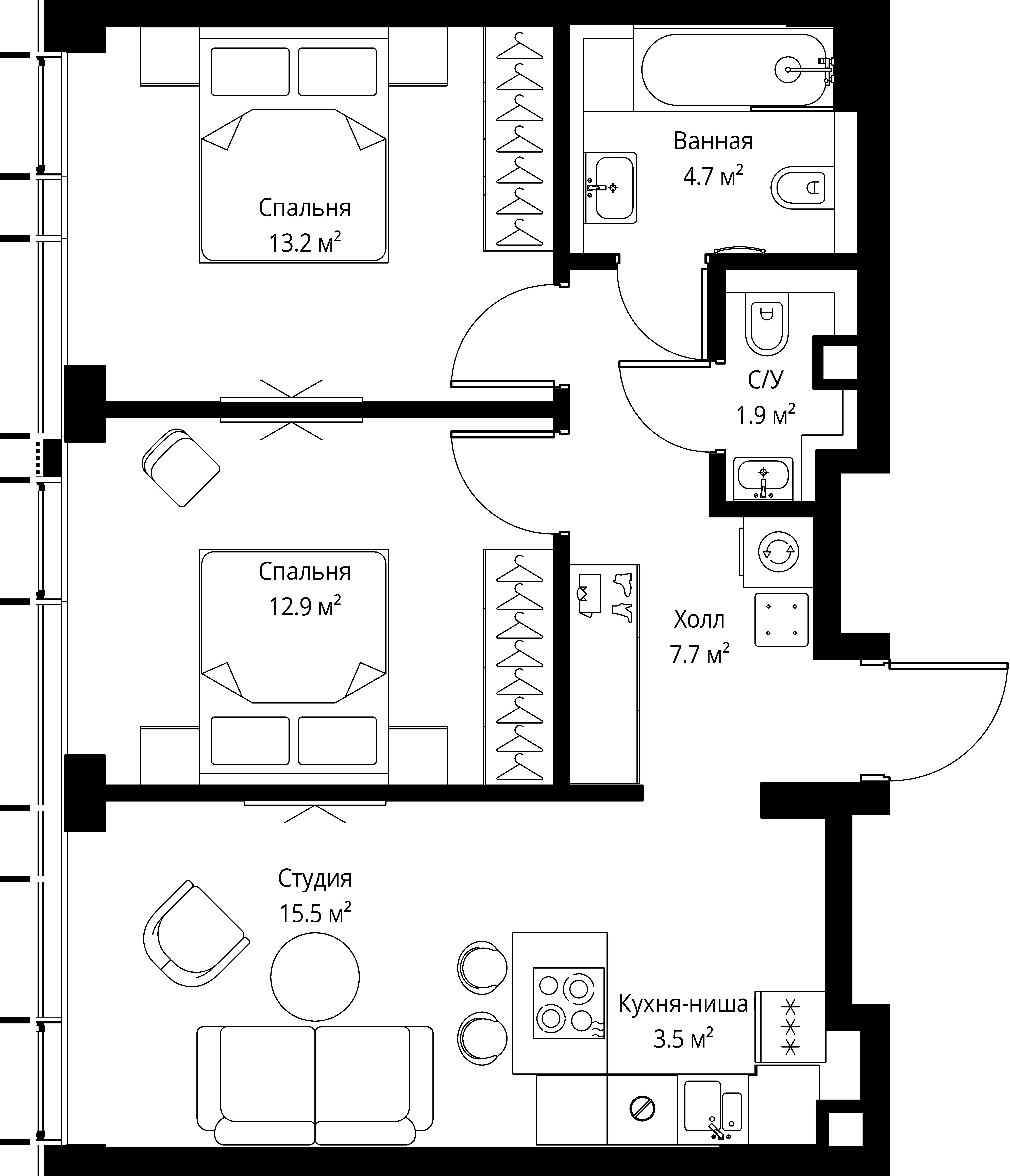 2 комн. квартира, 59.4 м², 34 этаж 