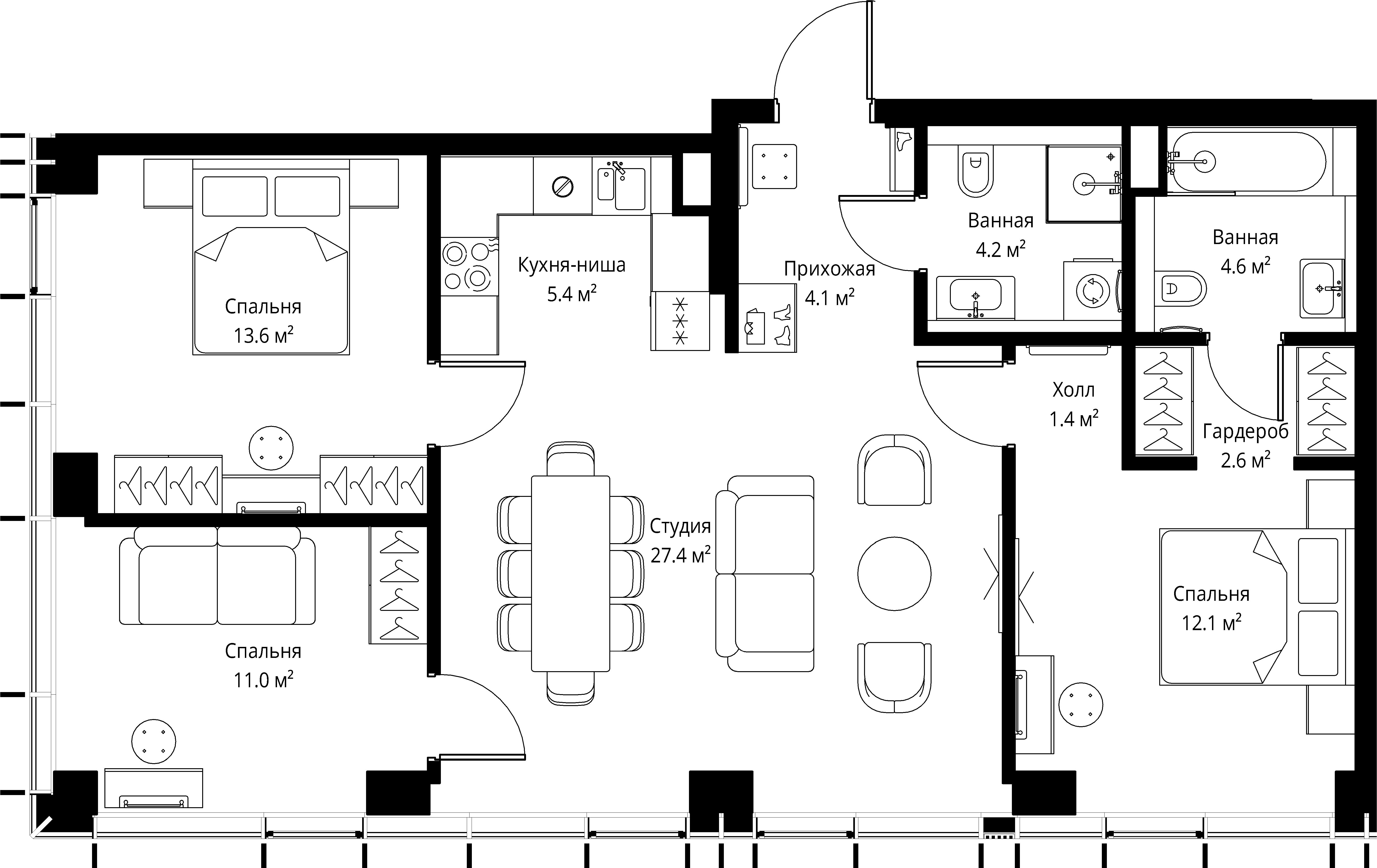 3 комн. квартира, 86.4 м², 24 этаж 