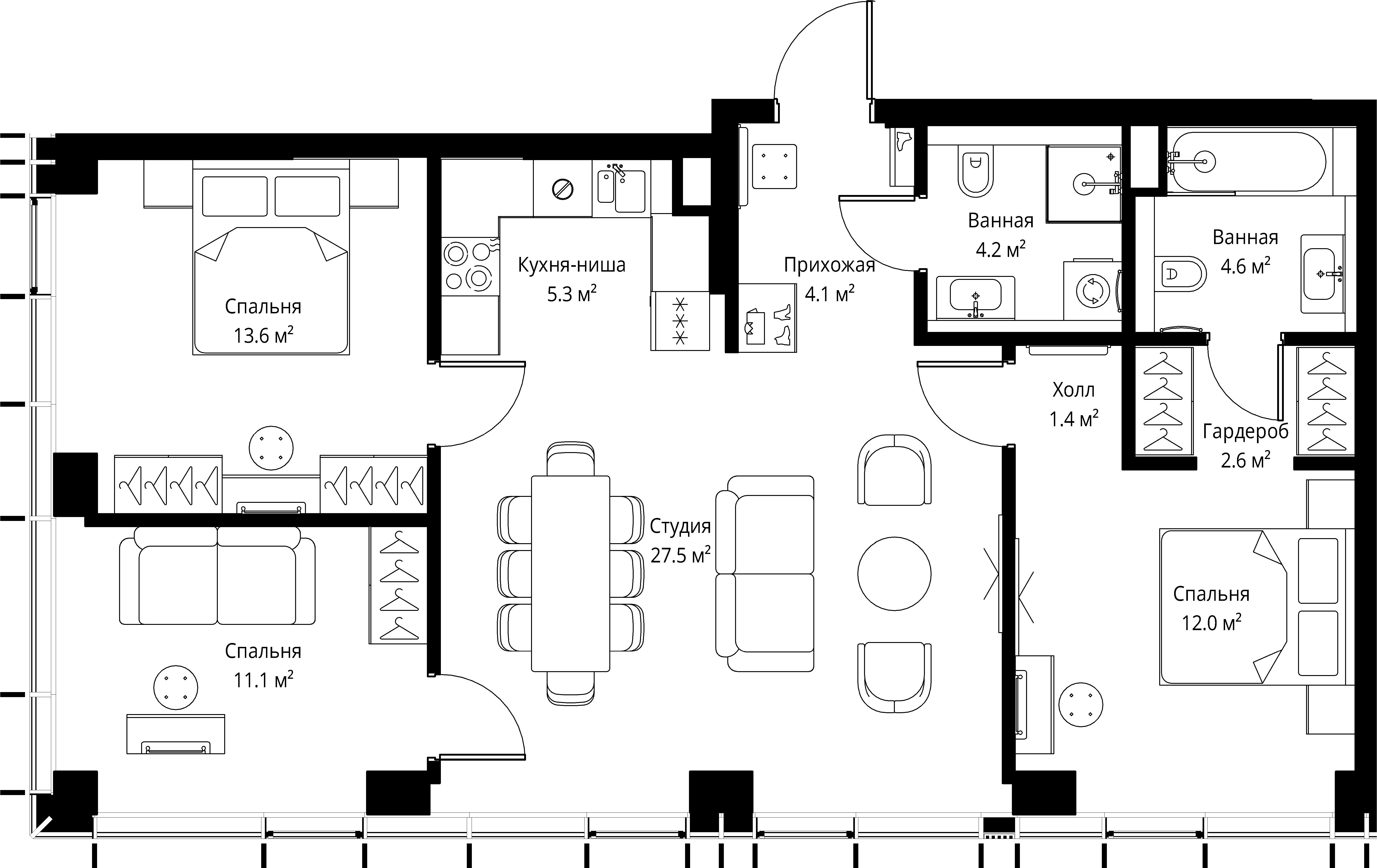 3 комн. квартира, 86.4 м², 19 этаж 