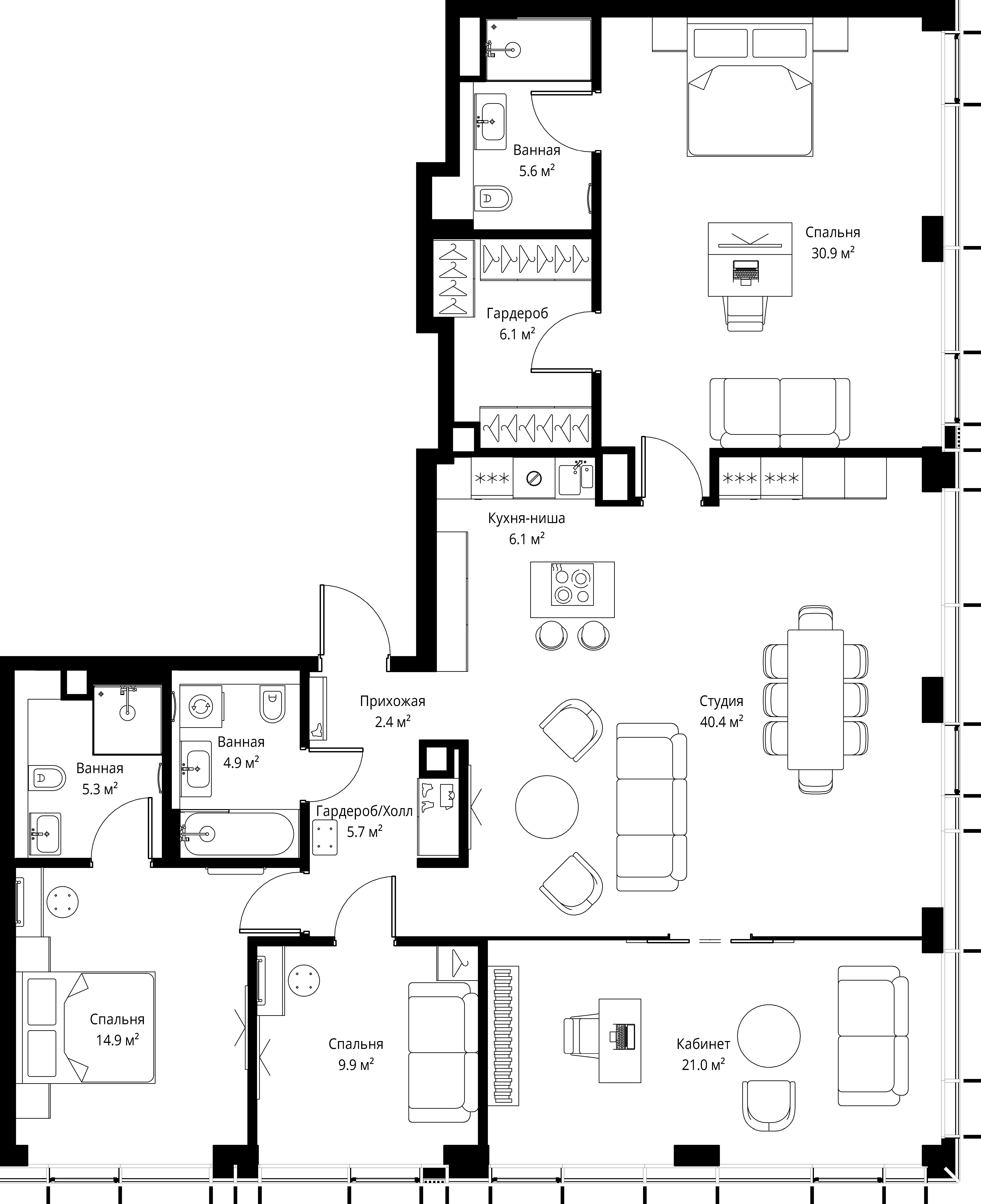 4 комн. квартира, 153.2 м², 43 этаж 