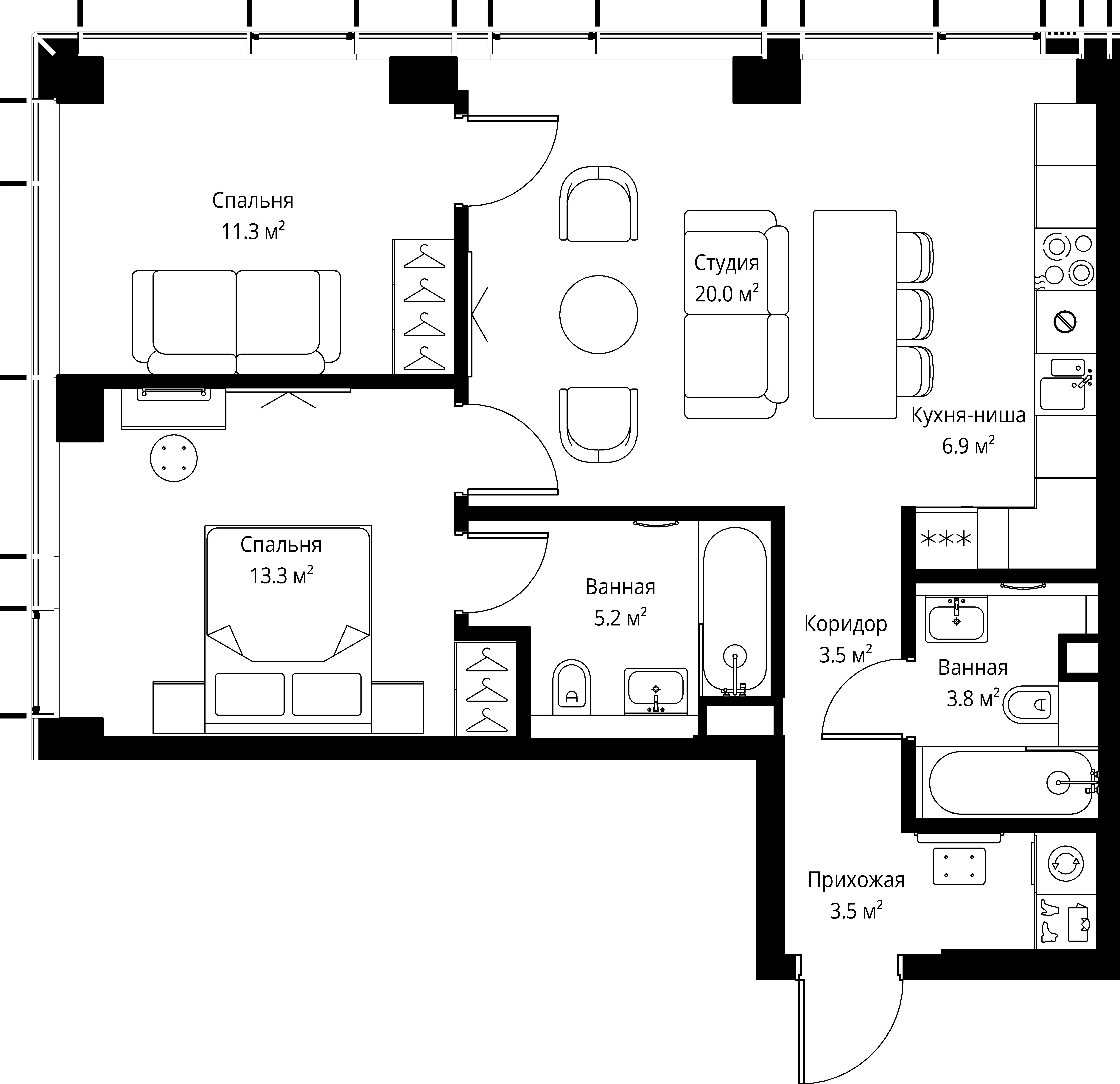 2 комн. квартира, 67.5 м², 24 этаж 