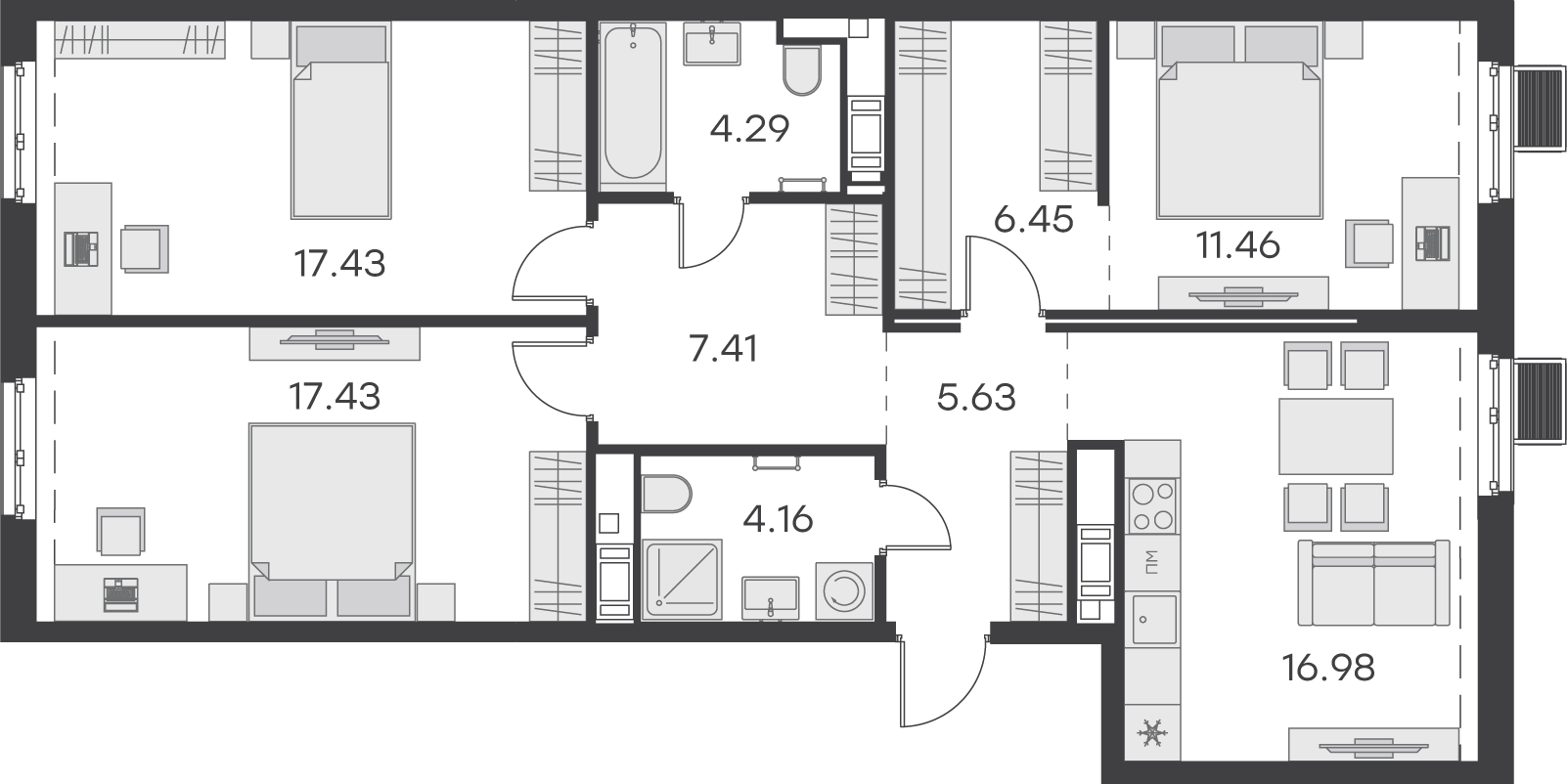 2 комн. квартира, 95.7 м², 3 этаж 