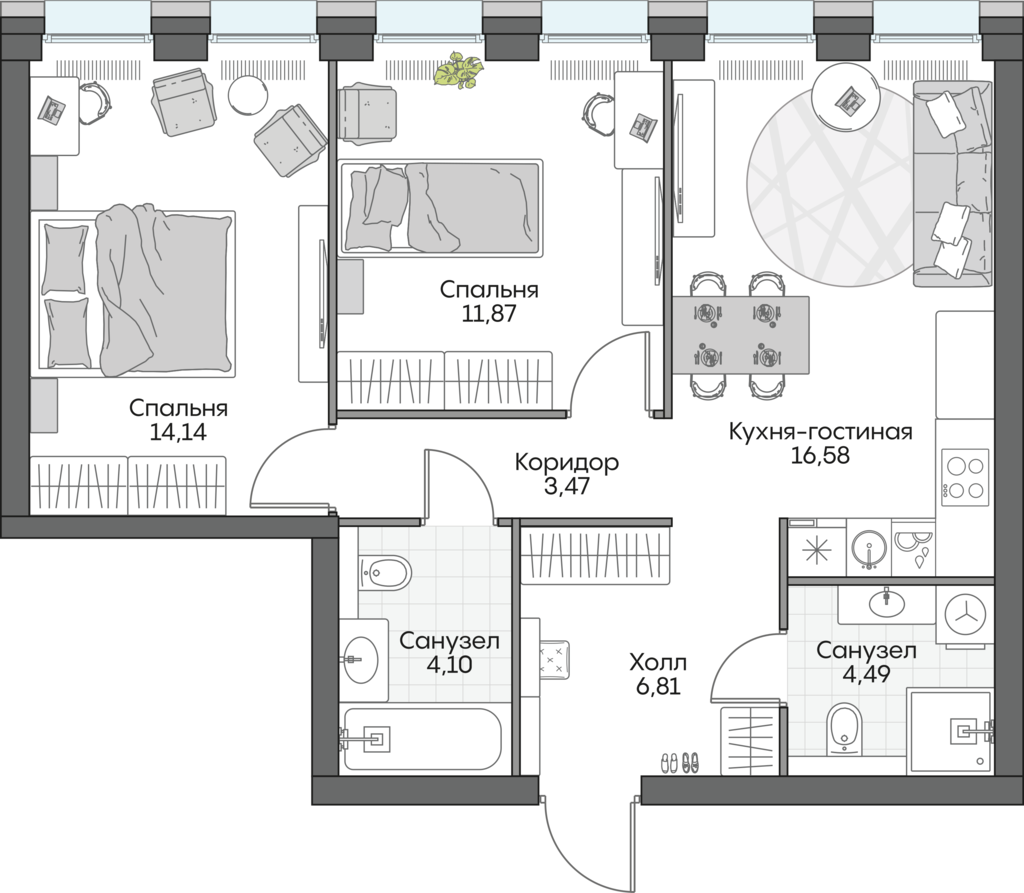 2 комн. квартира, 61.7 м², 9 этаж 