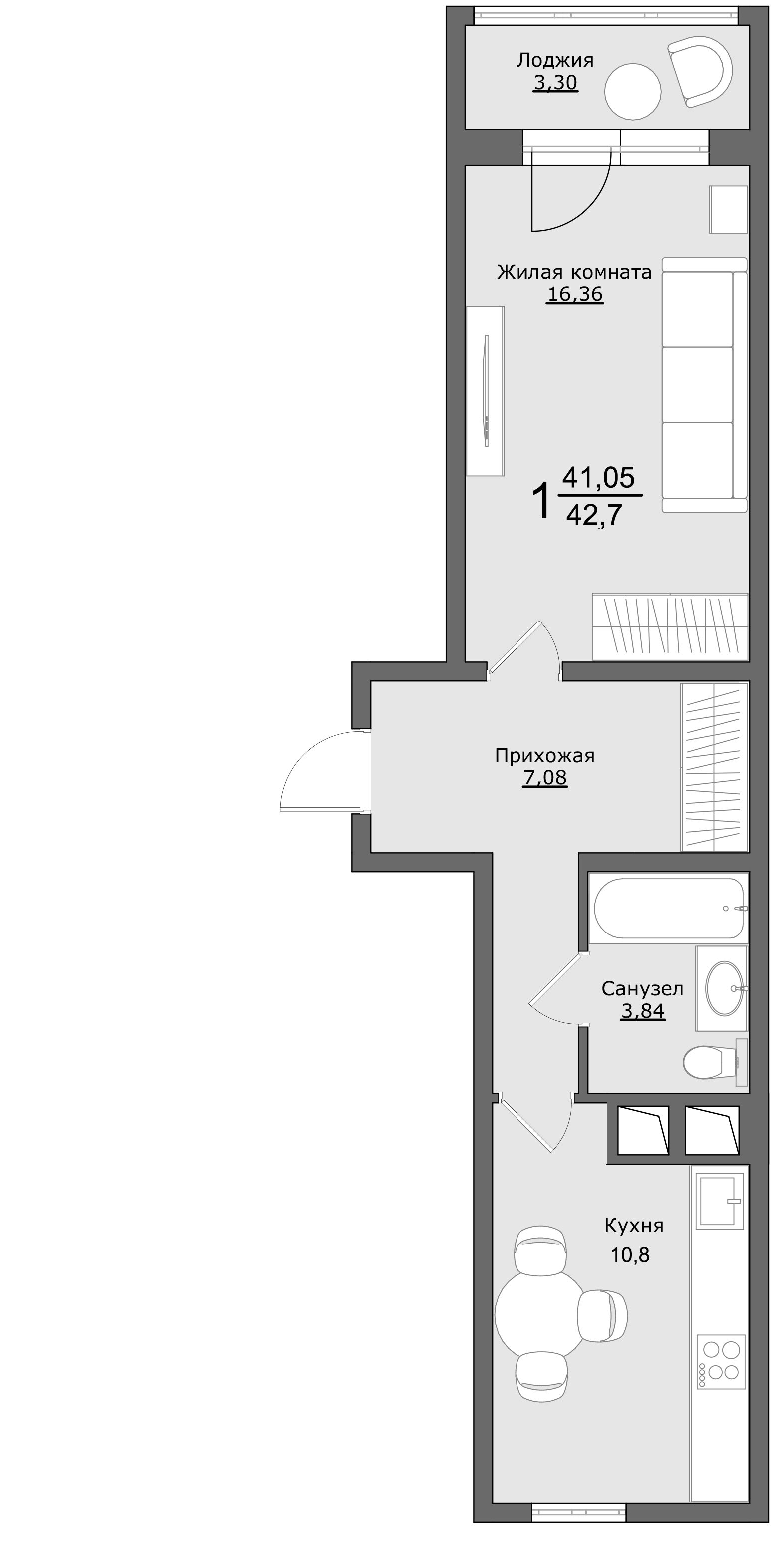 1 комн. квартира, 42.6 м², 6 этаж 