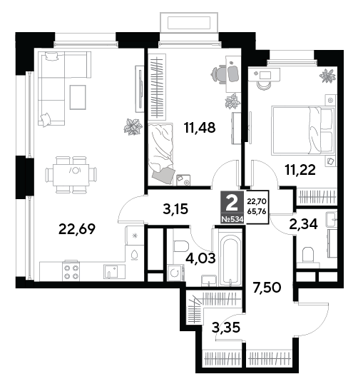 2 комн. квартира, 65.8 м², 22 этаж 