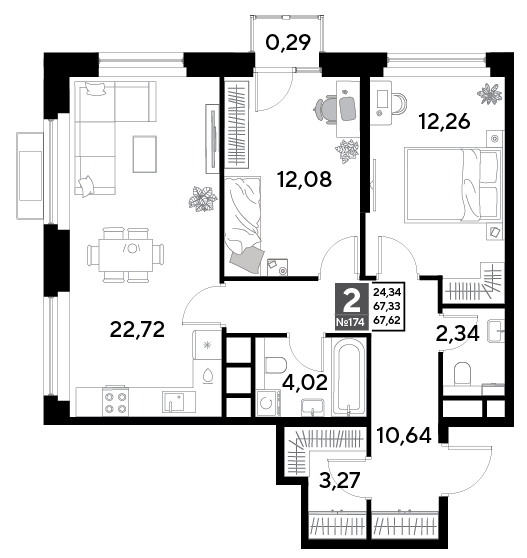 2 комн. квартира, 67.6 м², 16 этаж 