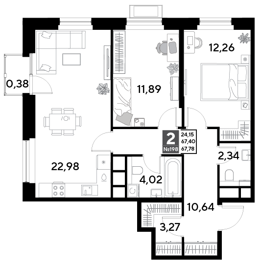 2 комн. квартира, 67.8 м², 18 этаж 