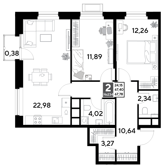 2 комн. квартира, 67.8 м², 21 этаж 