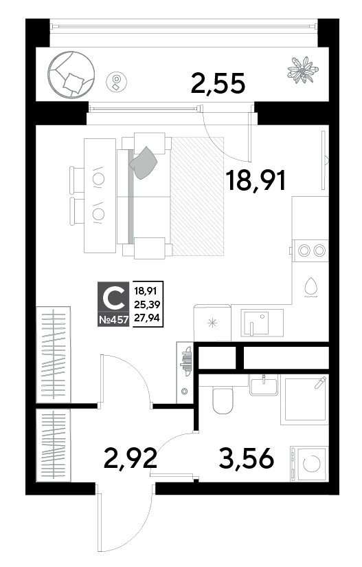 студия, 27.9 м², 13 этаж 