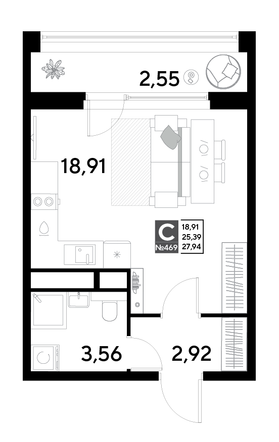 студия, 27.9 м², 14 этаж 