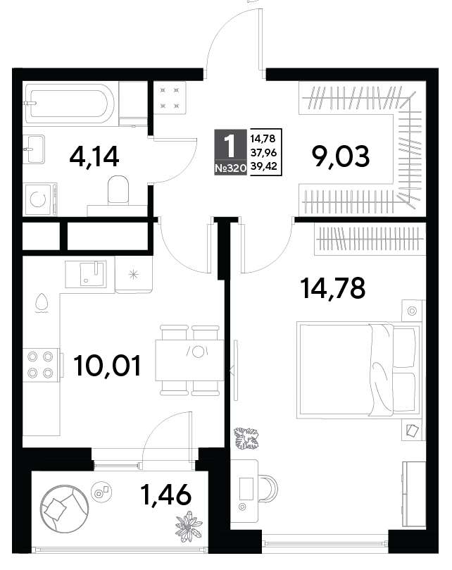 1 комн. квартира, 39.4 м², 2 этаж 