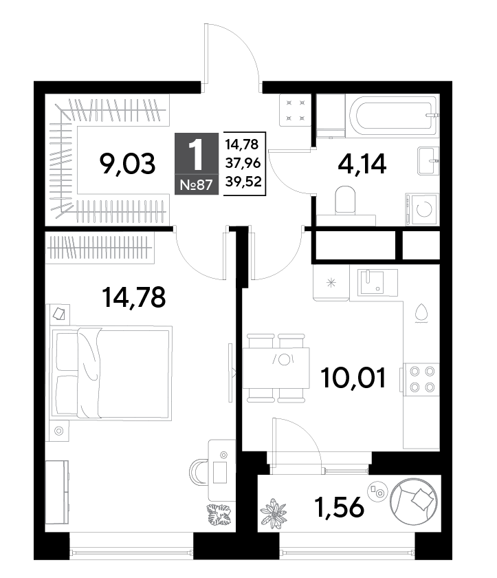 1 комн. квартира, 39.5 м², 8 этаж 