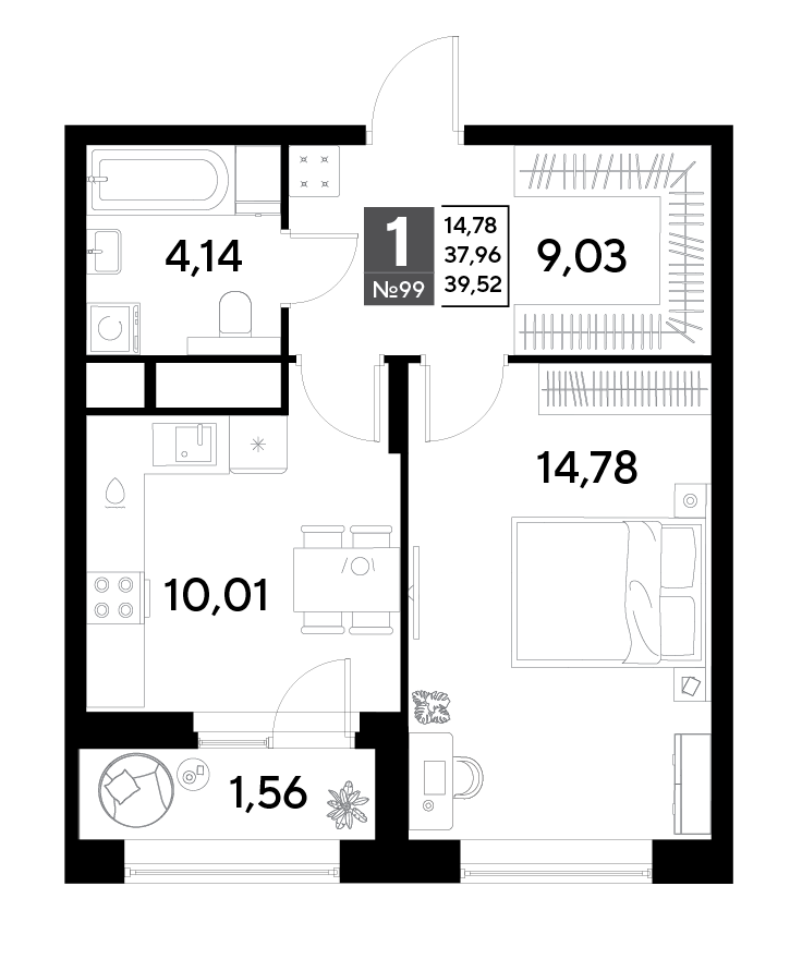 1 комн. квартира, 39.5 м², 9 этаж 