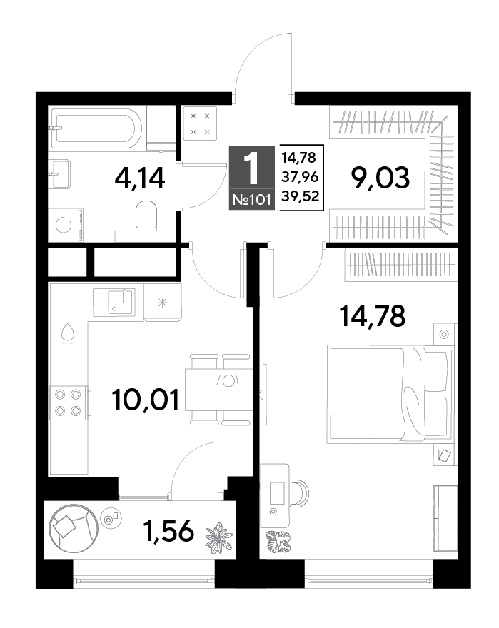 1 комн. квартира, 39.5 м², 9 этаж 