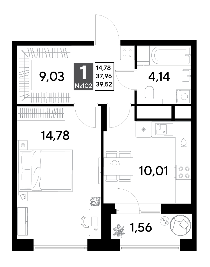 1 комн. квартира, 39.5 м², 9 этаж 
