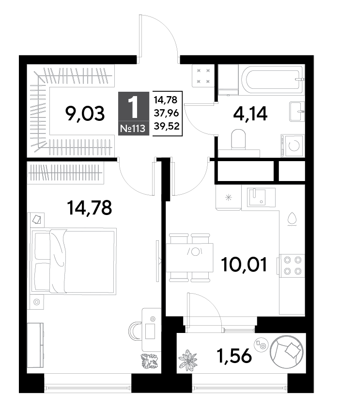 1 комн. квартира, 39.5 м², 10 этаж 