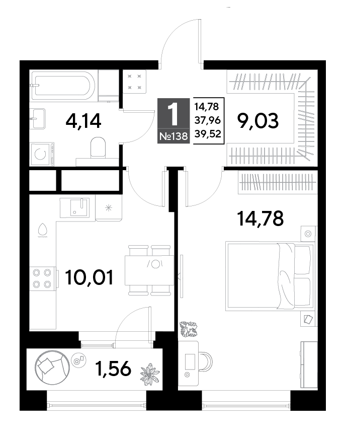 1 комн. квартира, 39.5 м², 12 этаж 