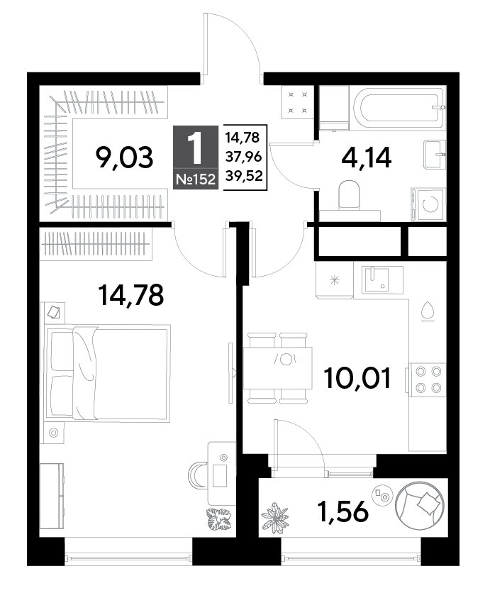 1 комн. квартира, 39.5 м², 13 этаж 
