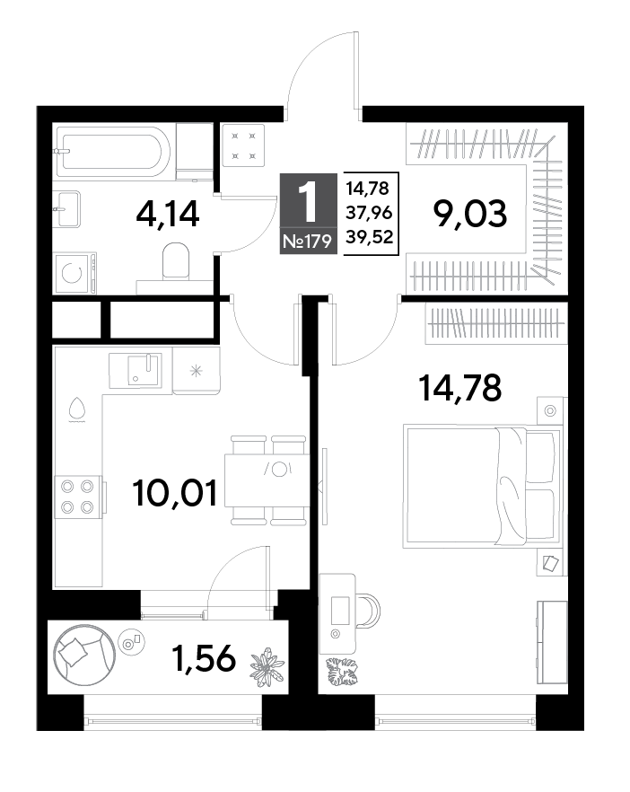 1 комн. квартира, 39.5 м², 15 этаж 